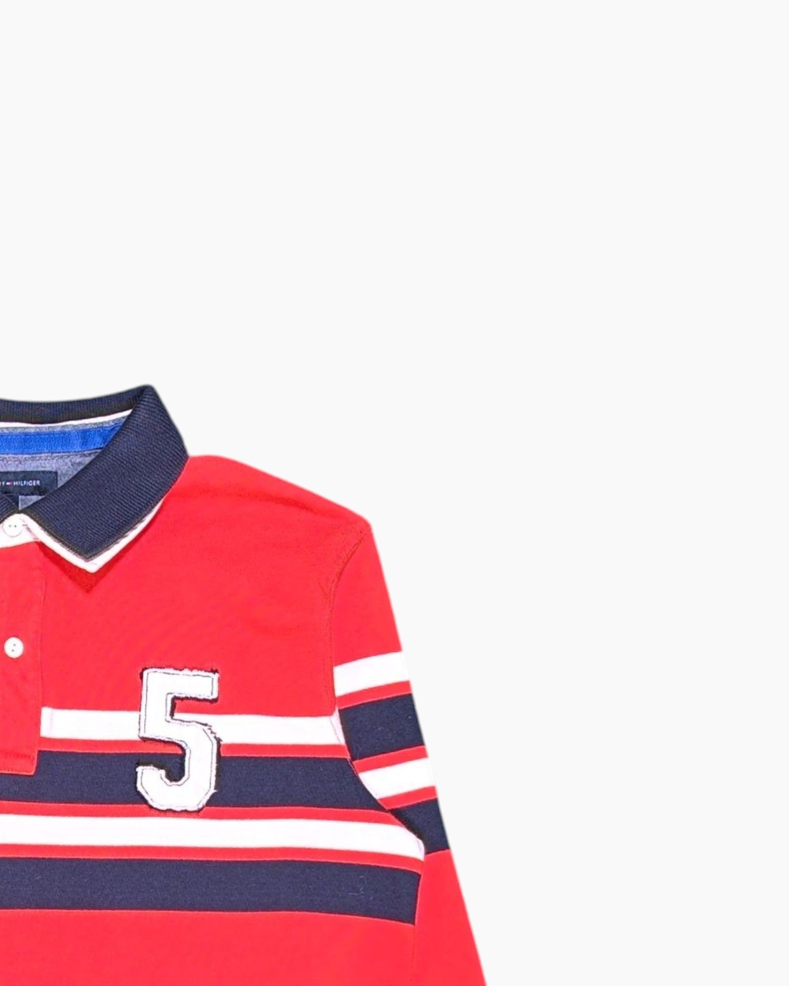 Front-detail-2 Pre-owned TOMMY HILFIGER Polo Shirt (Long Sleeve) – Red Striped Chest Panels
