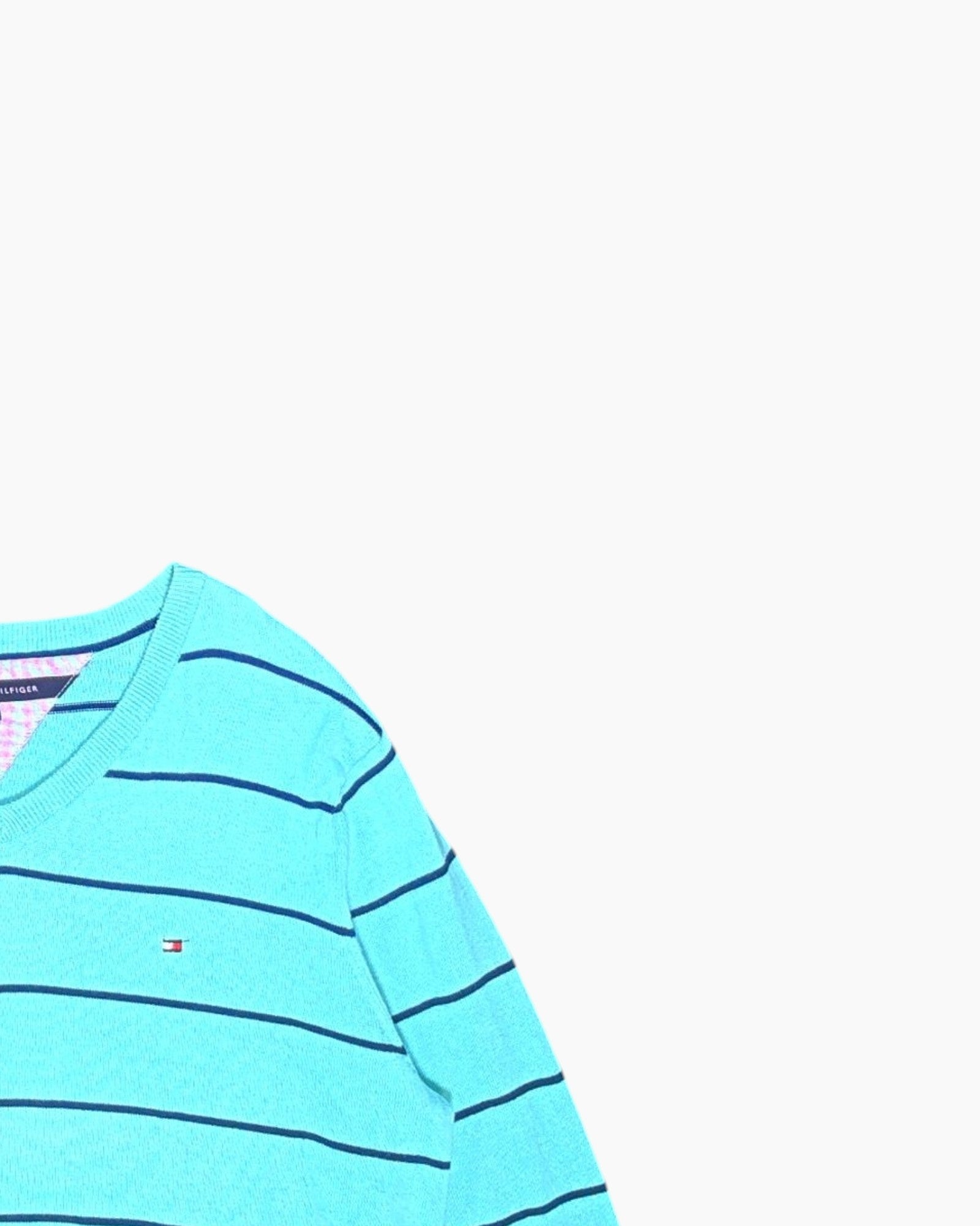 Front-detail-2 Pre-owned Tommy Hilfiger Pullover Sweater – Blue V‑Neck Embroidered Logo