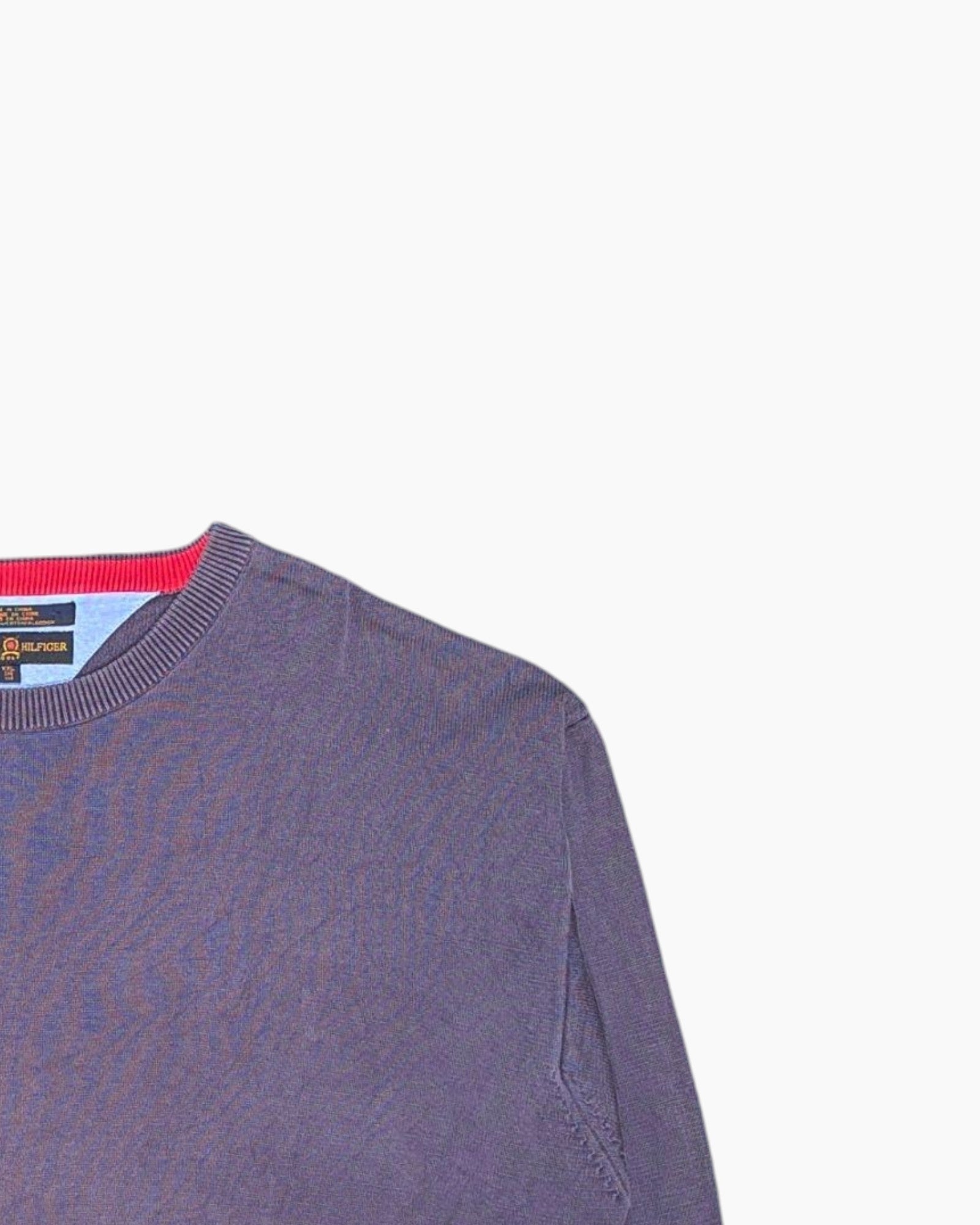 Front-detail-2 Vintage 90s/2000s Tommy Hilfiger Pullover Sweater – Gray Ribbed Crew