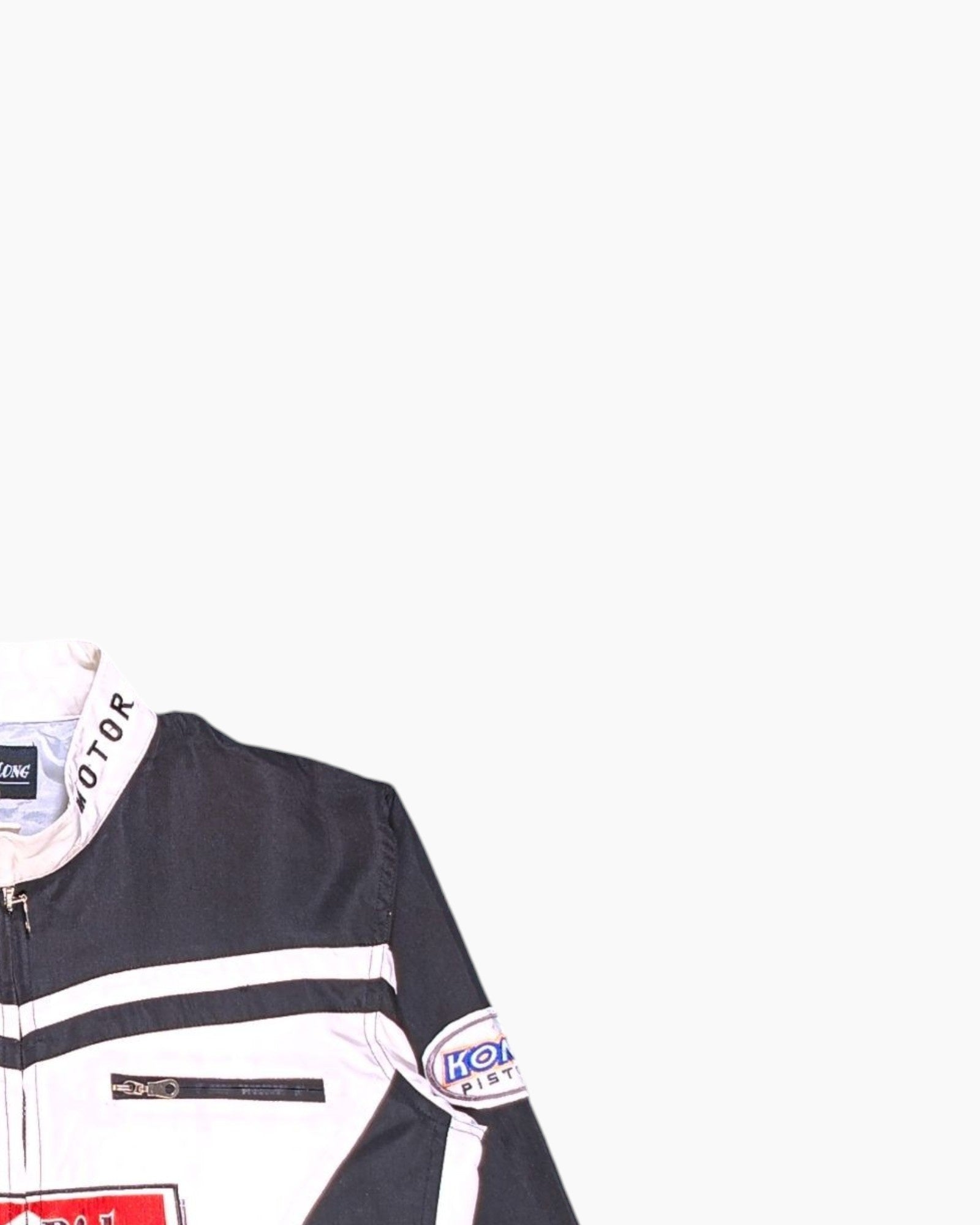 Front-detail-2 Vintage Y2K TONINGTON Motorcycle Jacket – Multicolor Racing Patches