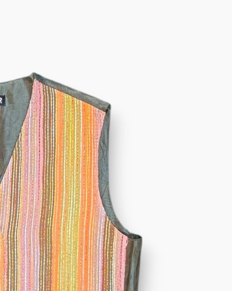Front-detail-2 Vintage Y2K TURNOVER Button-front Vest – Multicolor Bouclé Stripes