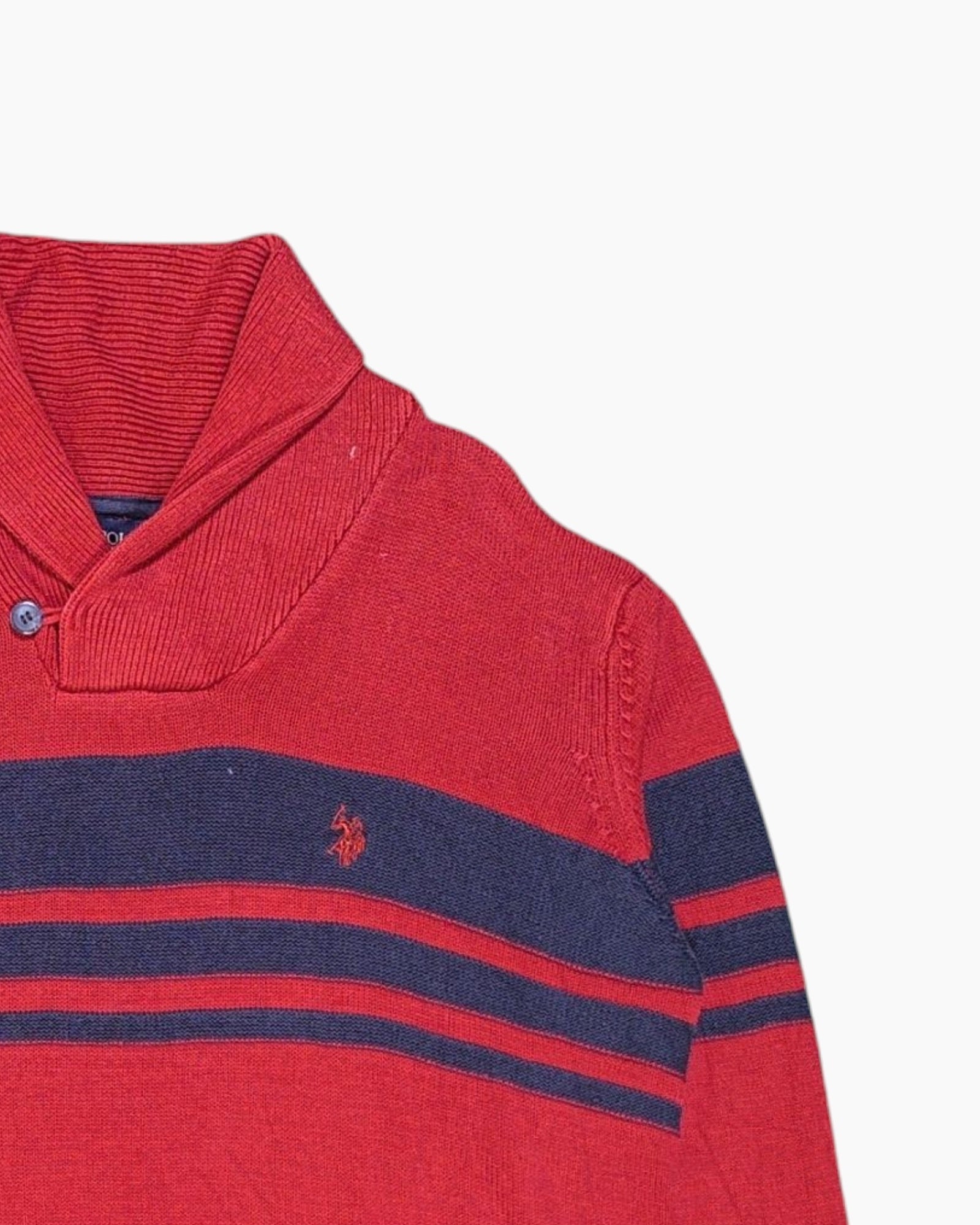 Front Detail 2 Pre-owned U.S. POLO ASSN. Pullover Sweater – Red Striped Chest Panel