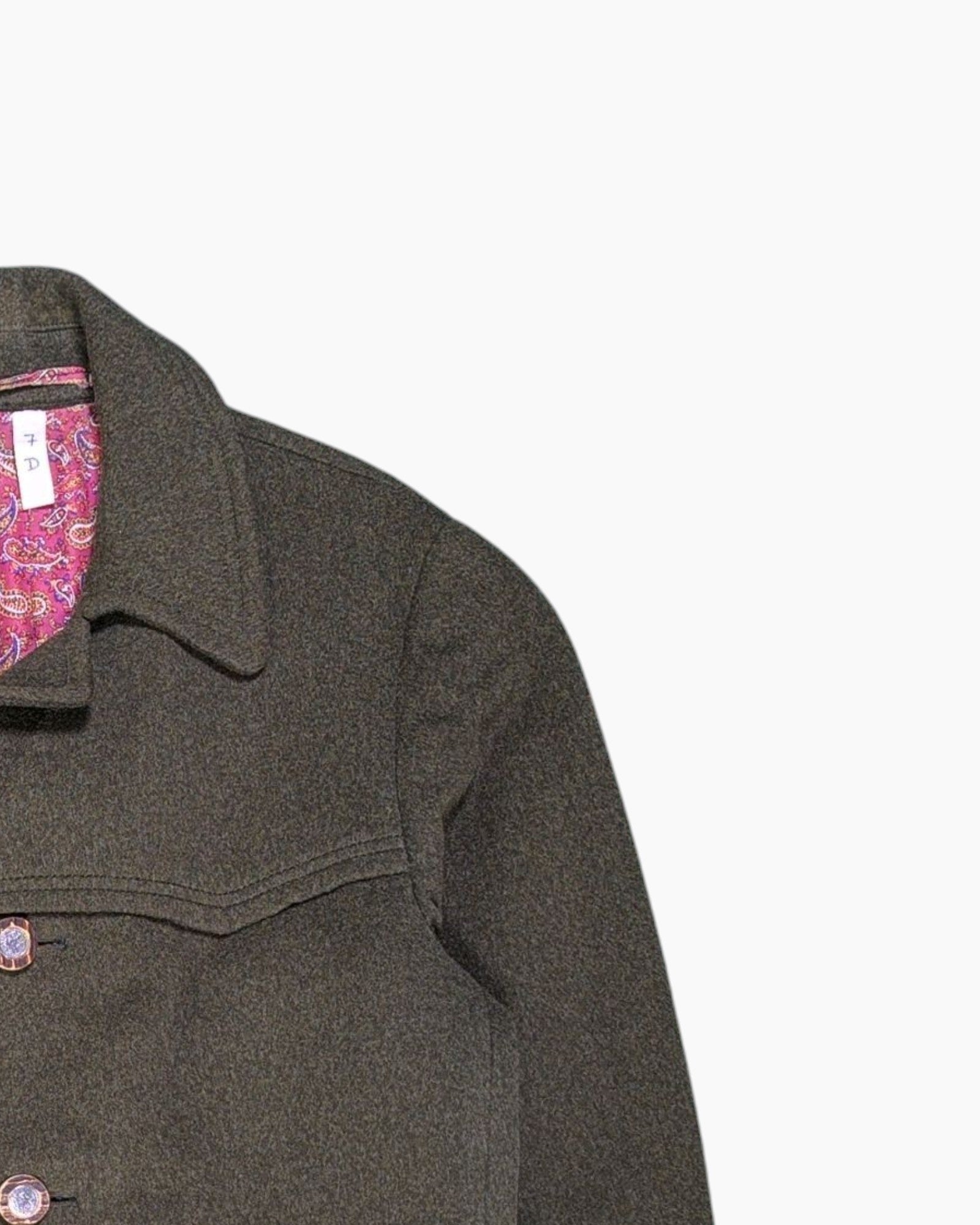 Front-detail-2 Vintage 60s/70s Unknown Belted Coat – Olive Green with Paisley Cuff