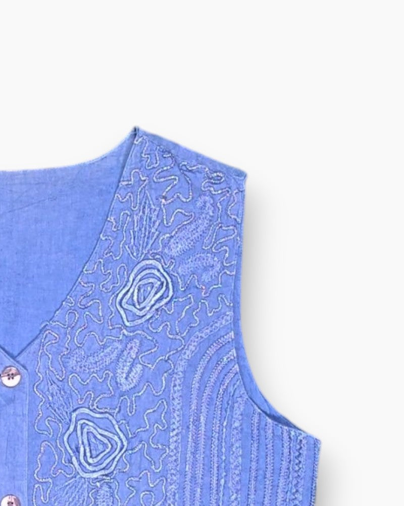 Front-detail-2 Vintage 90s/2000s Unknown Button-Down Sleeveless Top – Blue Floral Embroidery
