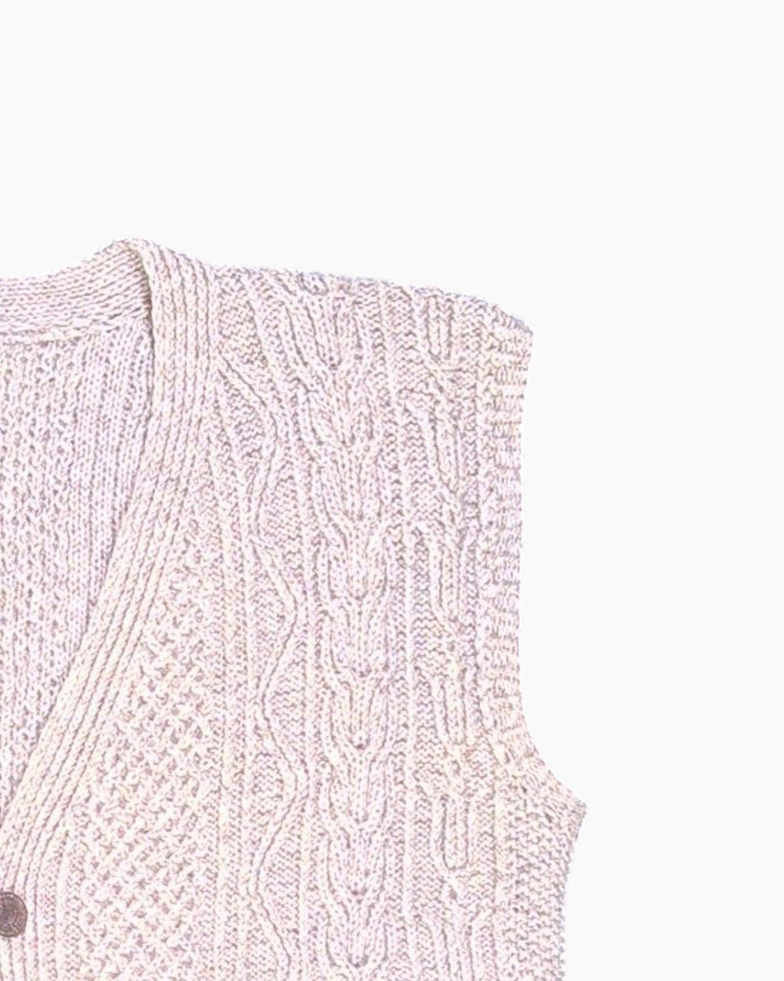 Front-detail-2 Vintage 80s/90s Button-Front Cable Knit Vest – Cream Aran (XL)