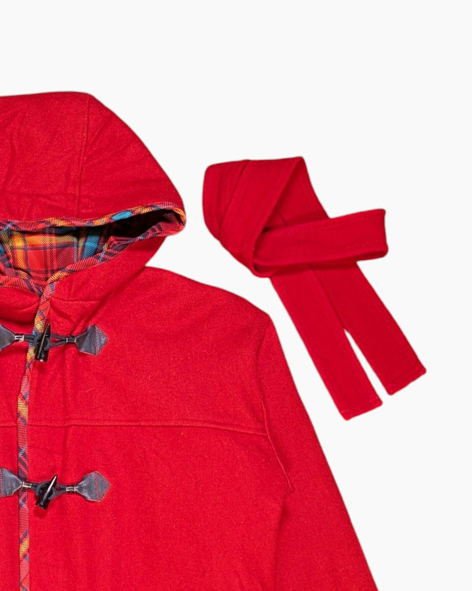 Front-detail-2 Vintage 60s/70s Unknown Duffle Coat – Red Tartan Trim