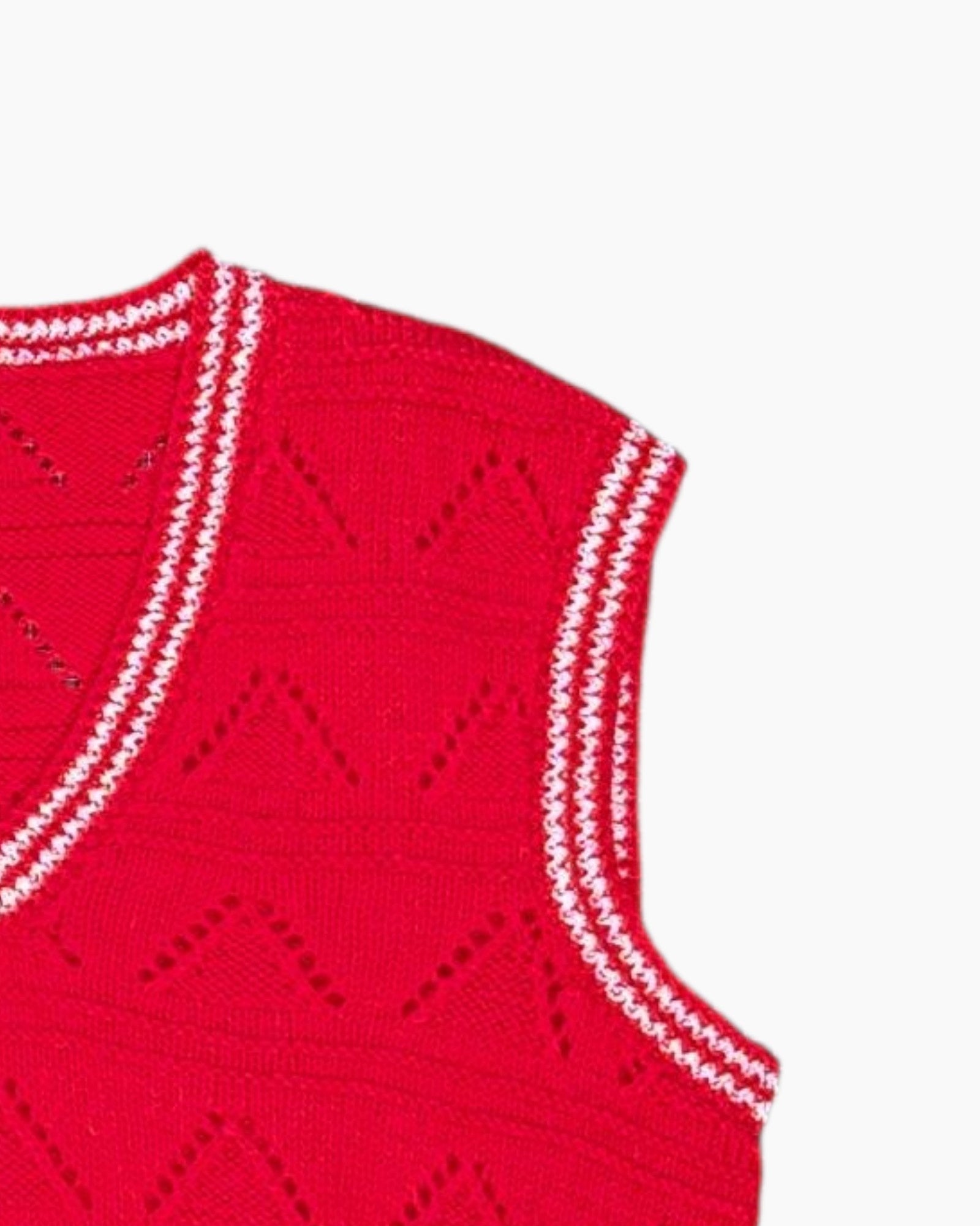 Front-detail-2 Vintage 70s/80s Unknown Pullover Sweater Vest – Red Pointelle Chevron