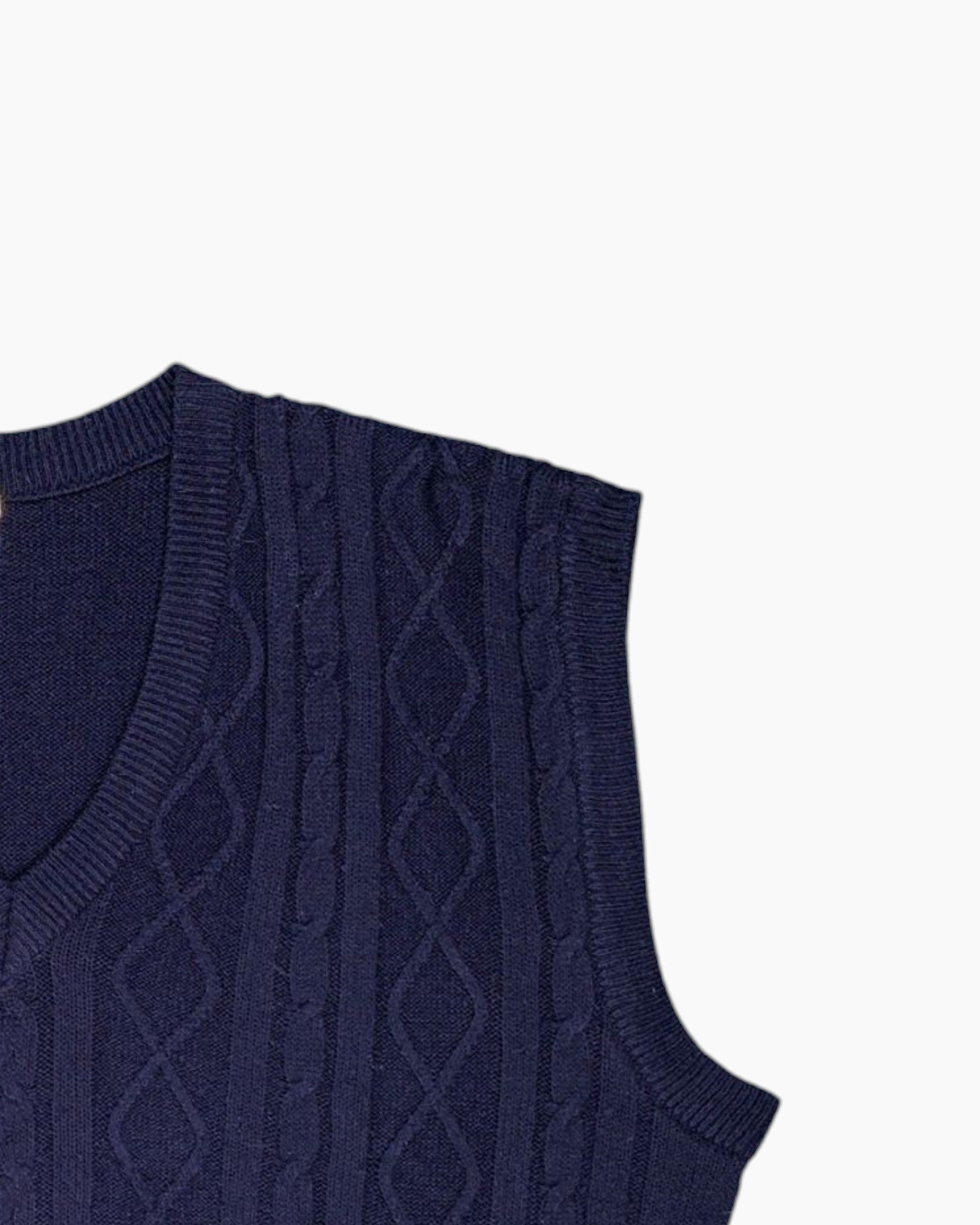 Front-detail-2 Vintage 80s/90s Unknown Sleeveless Sweater Vest – Navy V‑Neck