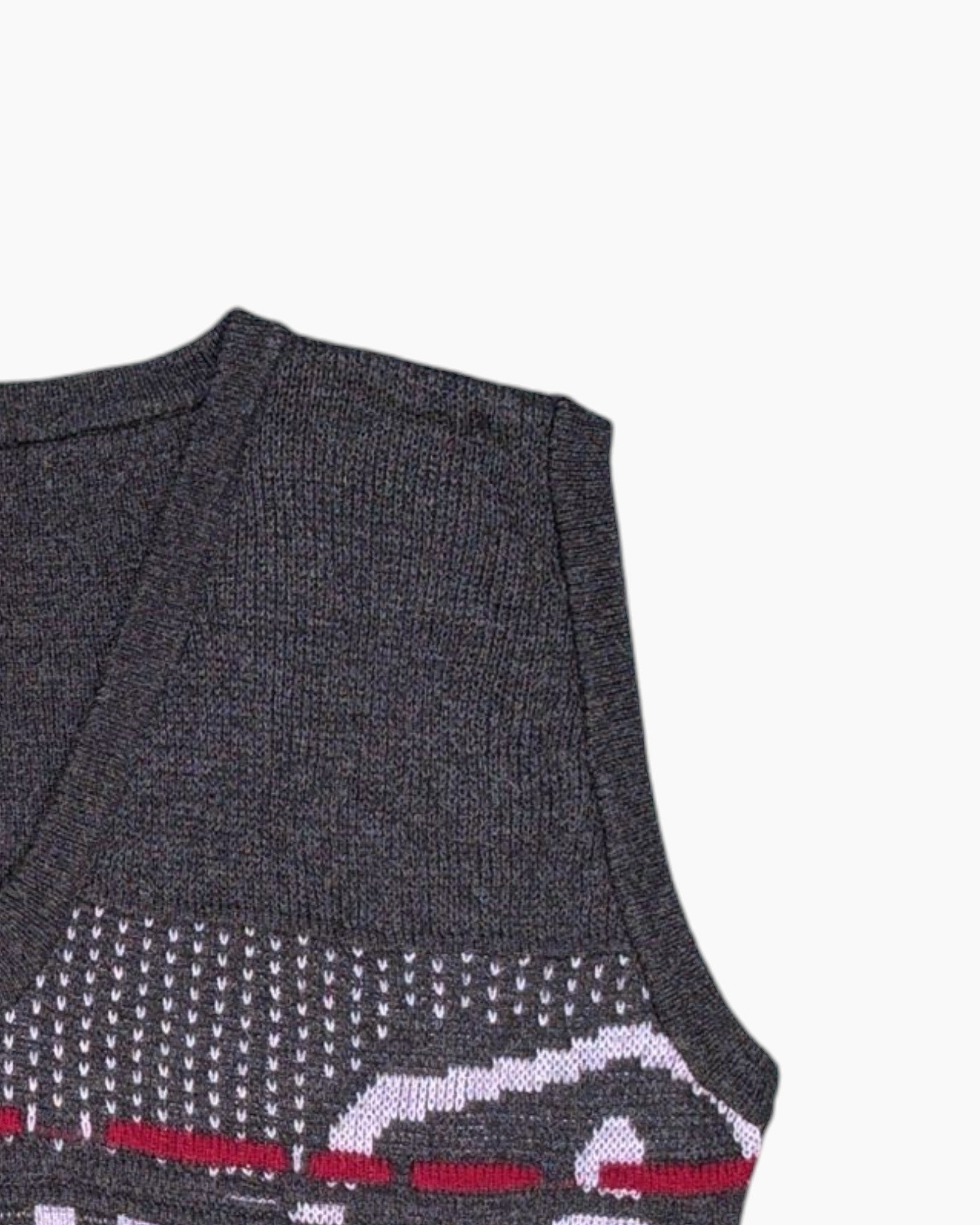 Front-detail-2 Vintage 80s/90s Unknown Sweater Vest – Gray Jacquard with Red Accent