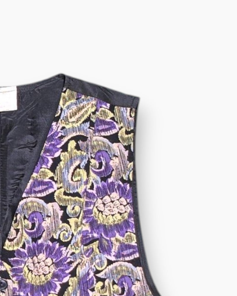 Front-detail-2 Vintage 80s/90s Unknown Vest – Floral Jacquard Pointed Hem