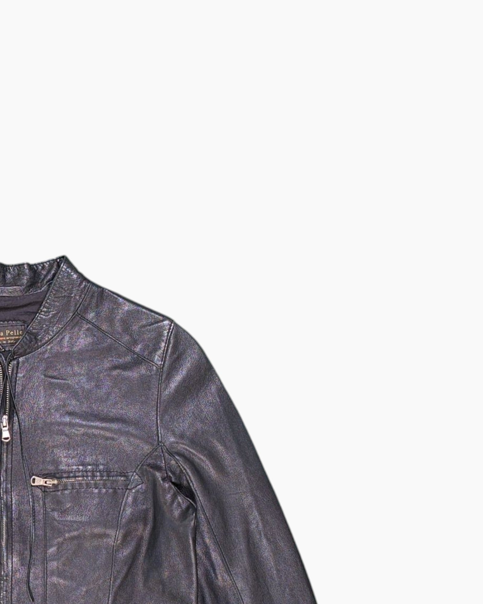 Front-detail-2 Vintage 80s Vera Pelle Leather Jacket – Black Lace-up Sleeve