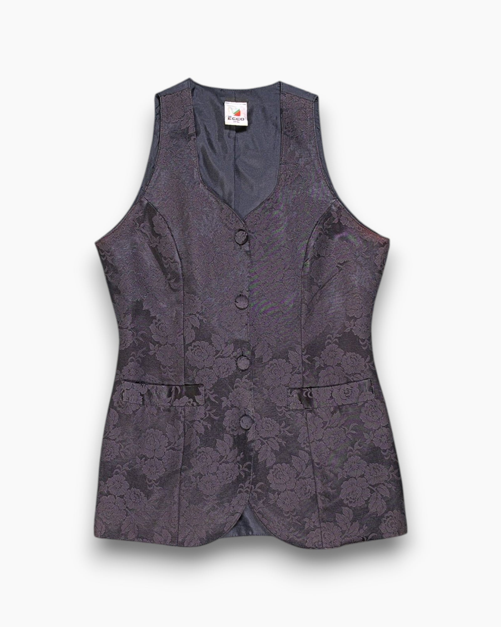 Front Vintage 80s/90s ECCO Waistcoat (Vest) – Black Floral Jacquard