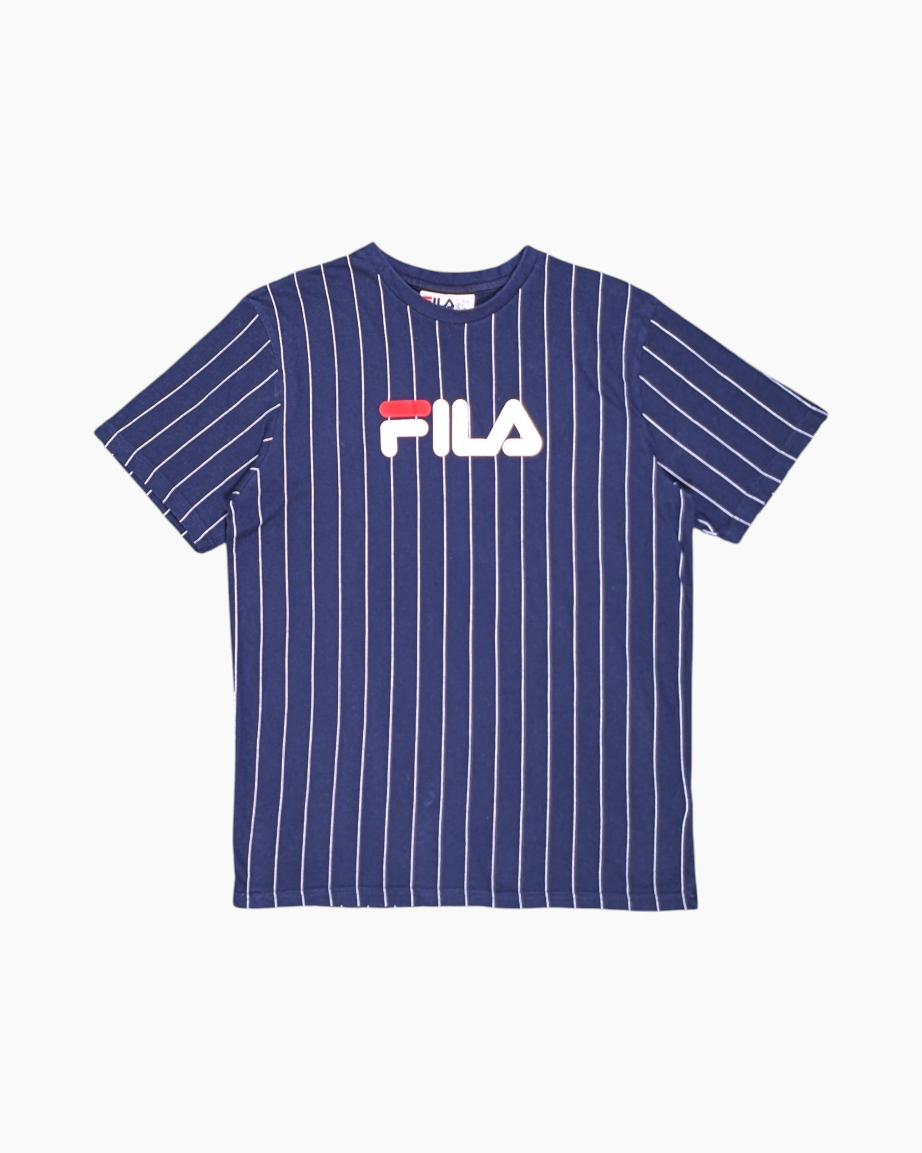 Front Pre-owned FILA Graphic T-Shirt – Navy Horizontal Stripe & Logo