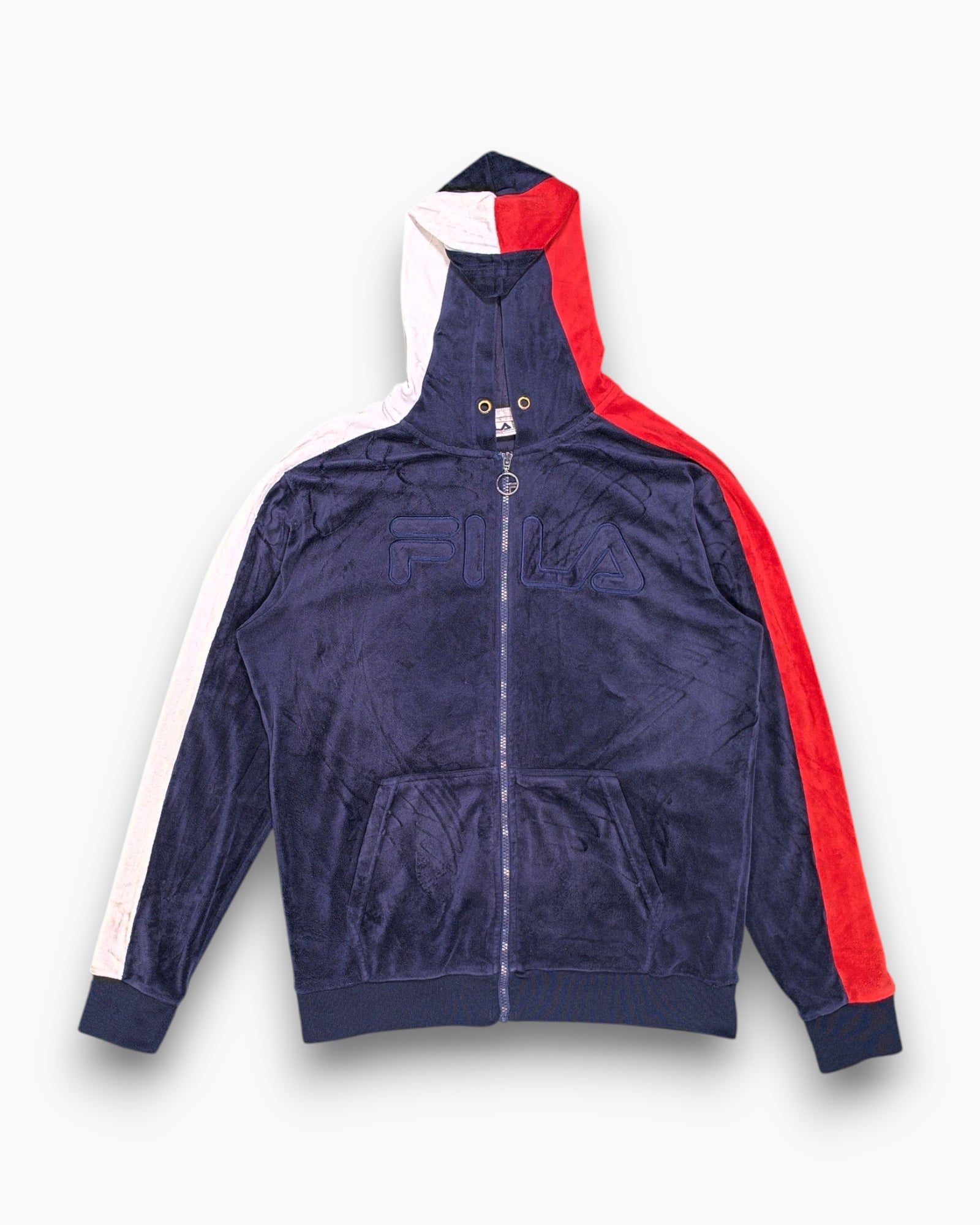 Front Pre-owned FILA Hooded Zip-Up Jacket – Navy colorblocked panels