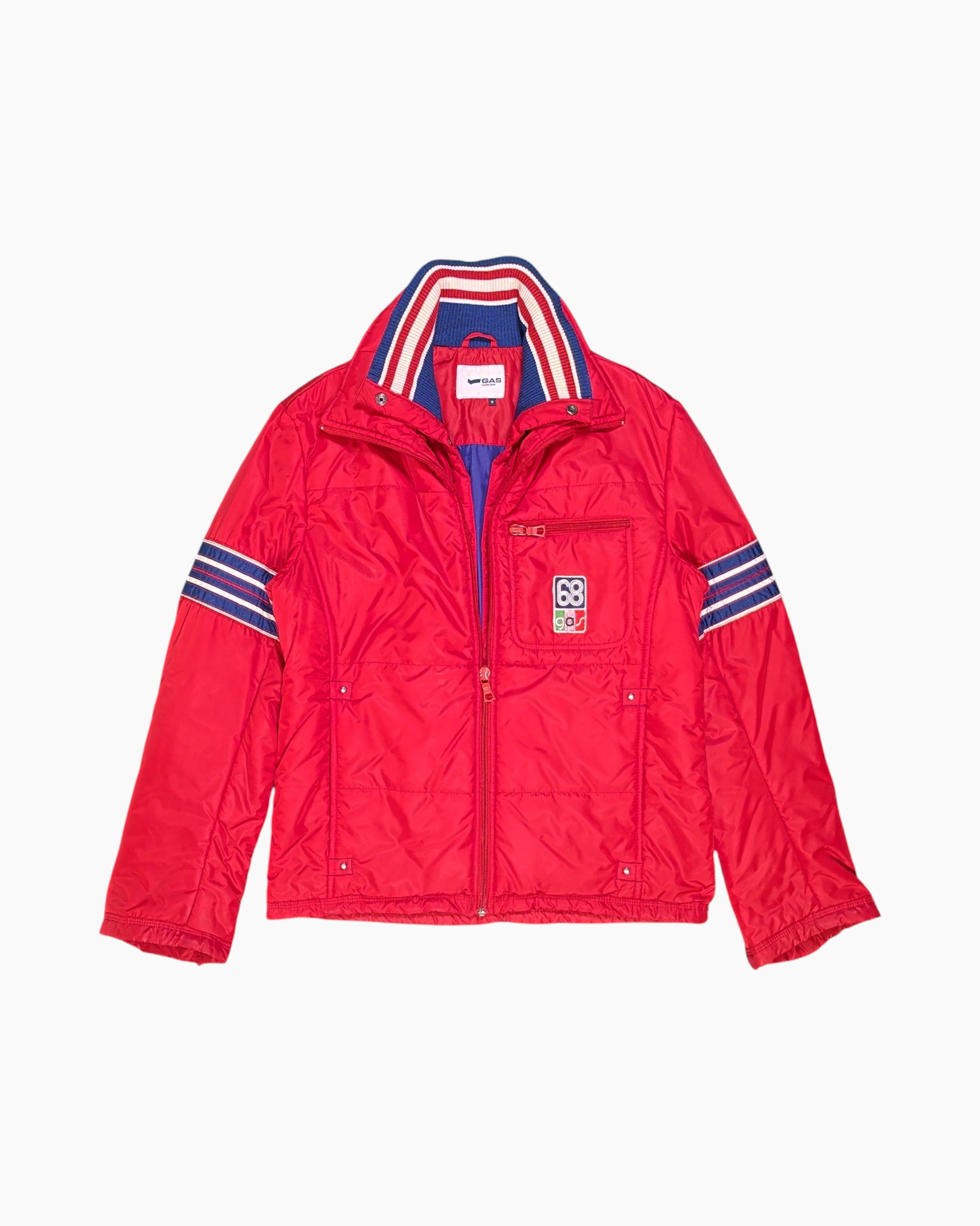 Front Vintage 90s/2000s GAS Puffer Jacket – Red with Striped Sleeve Detail