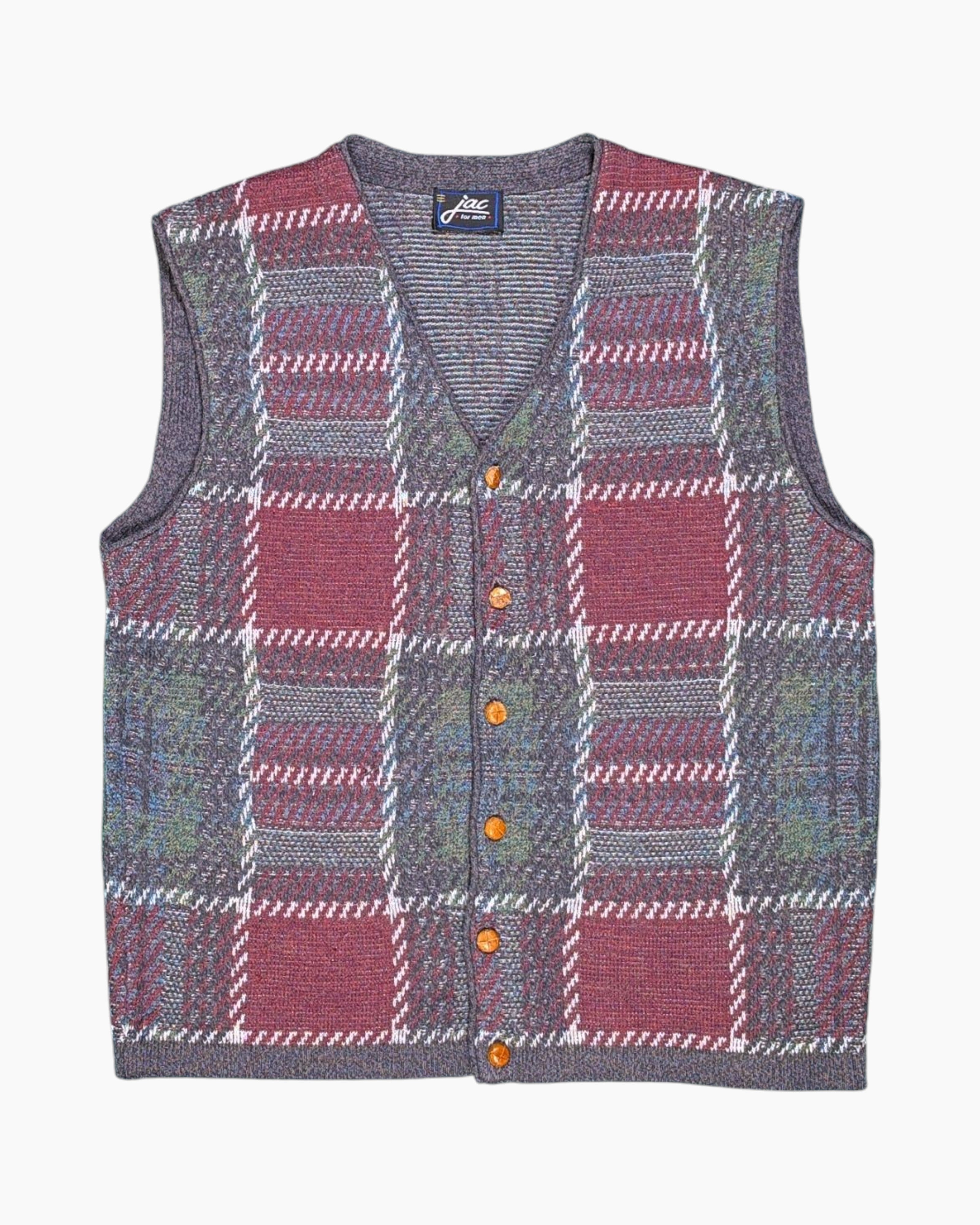 Front Vintage 80s/90s jac for men Button-Front Sweater Vest – Multicolor Intarsia Plaid