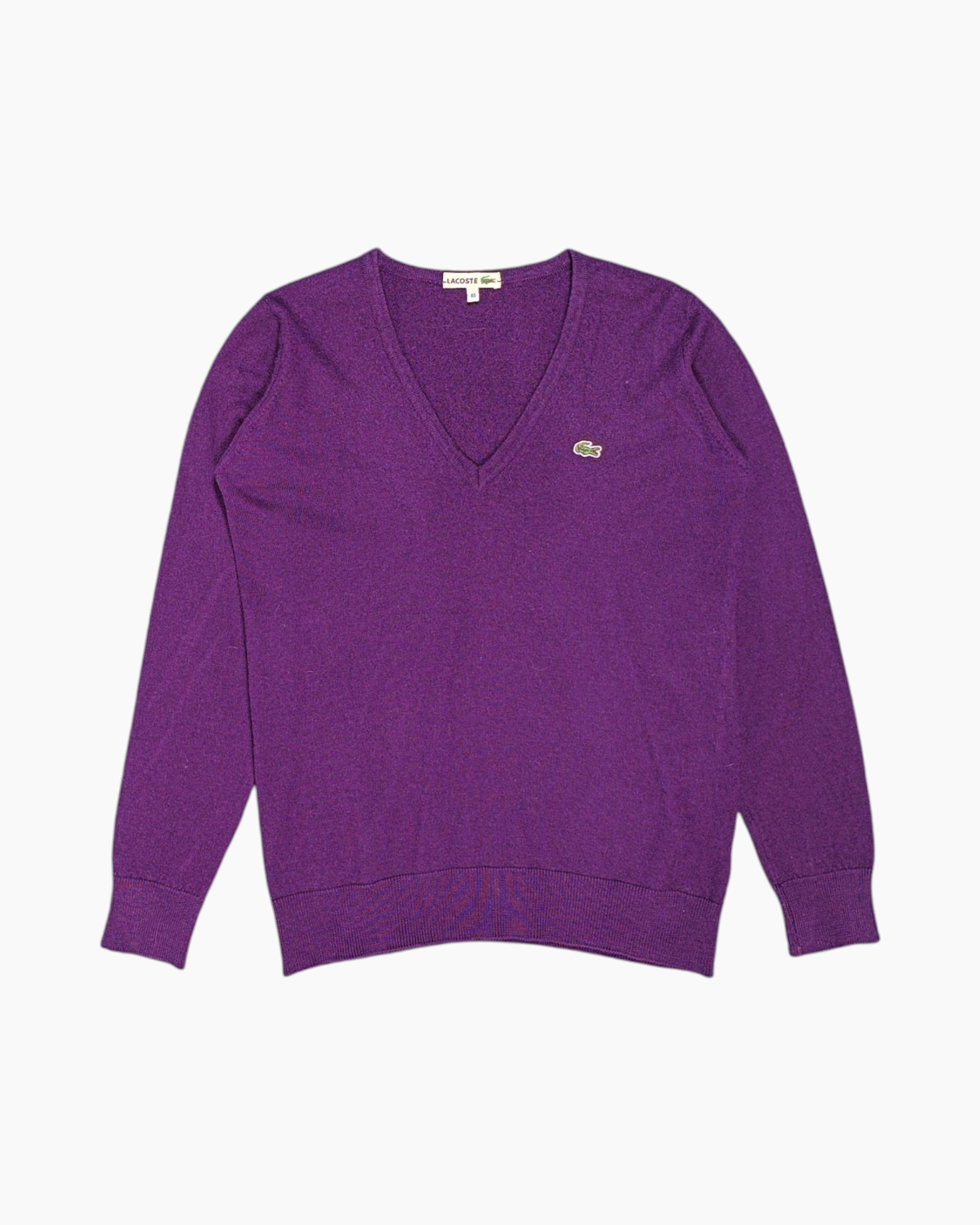 Front Vintage 80s/90s LACOSTE V-Neck Sweater – Purple Crocodile Patch