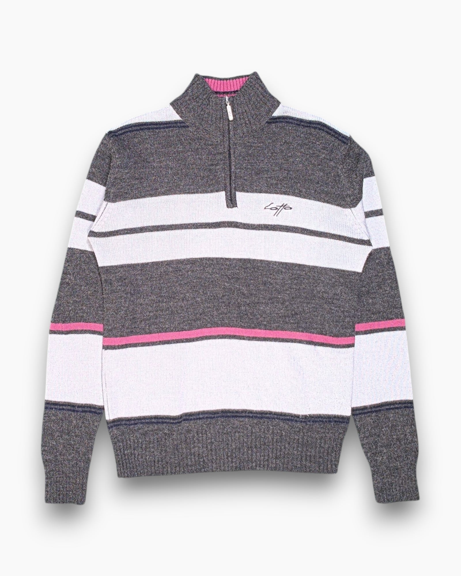 Front Vintage Y2K Lotto Pullover Sweater (half-zip) – Gray Striped