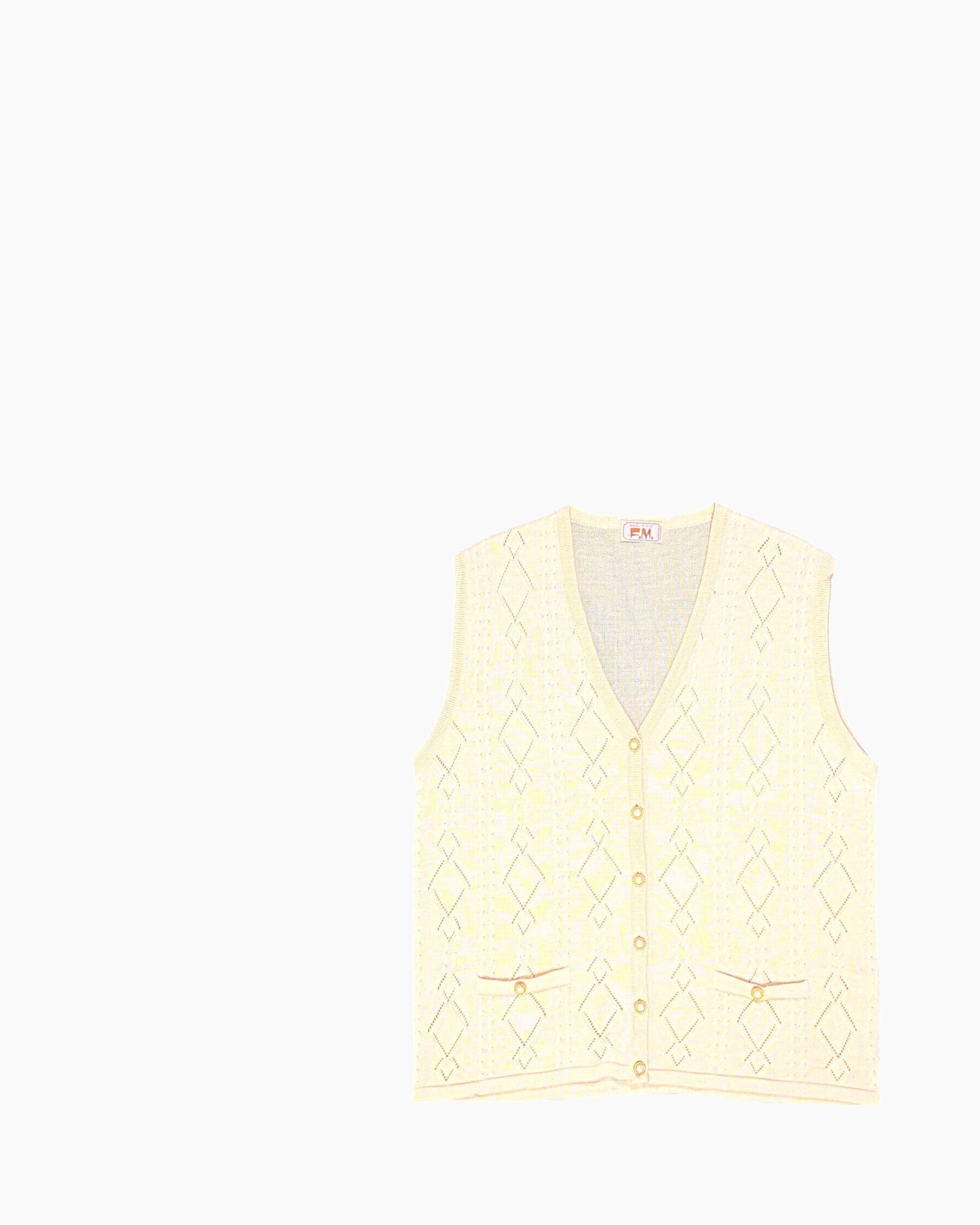 Front Vintage 80s/90s MAGLIFICIO F.M. Button-Down Sleeveless Cardigan – Cream Eyelet Knit