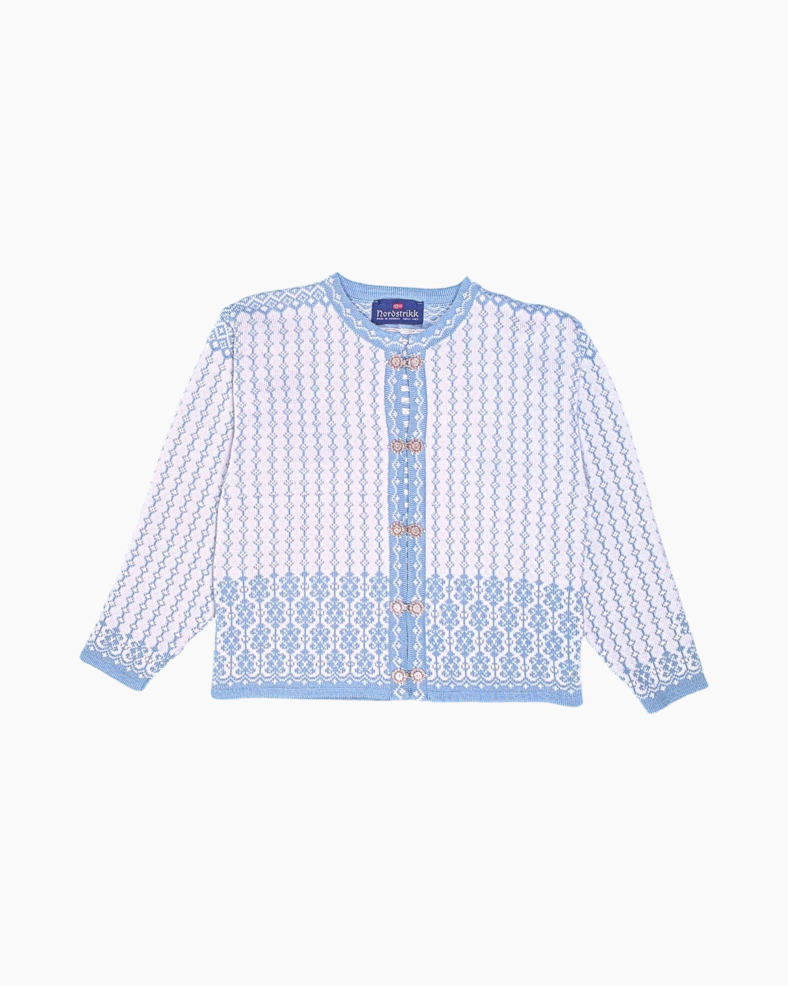 Front Vintage 80s/90s Norstrikk Cardigan – Blue Norwegian Jacquard