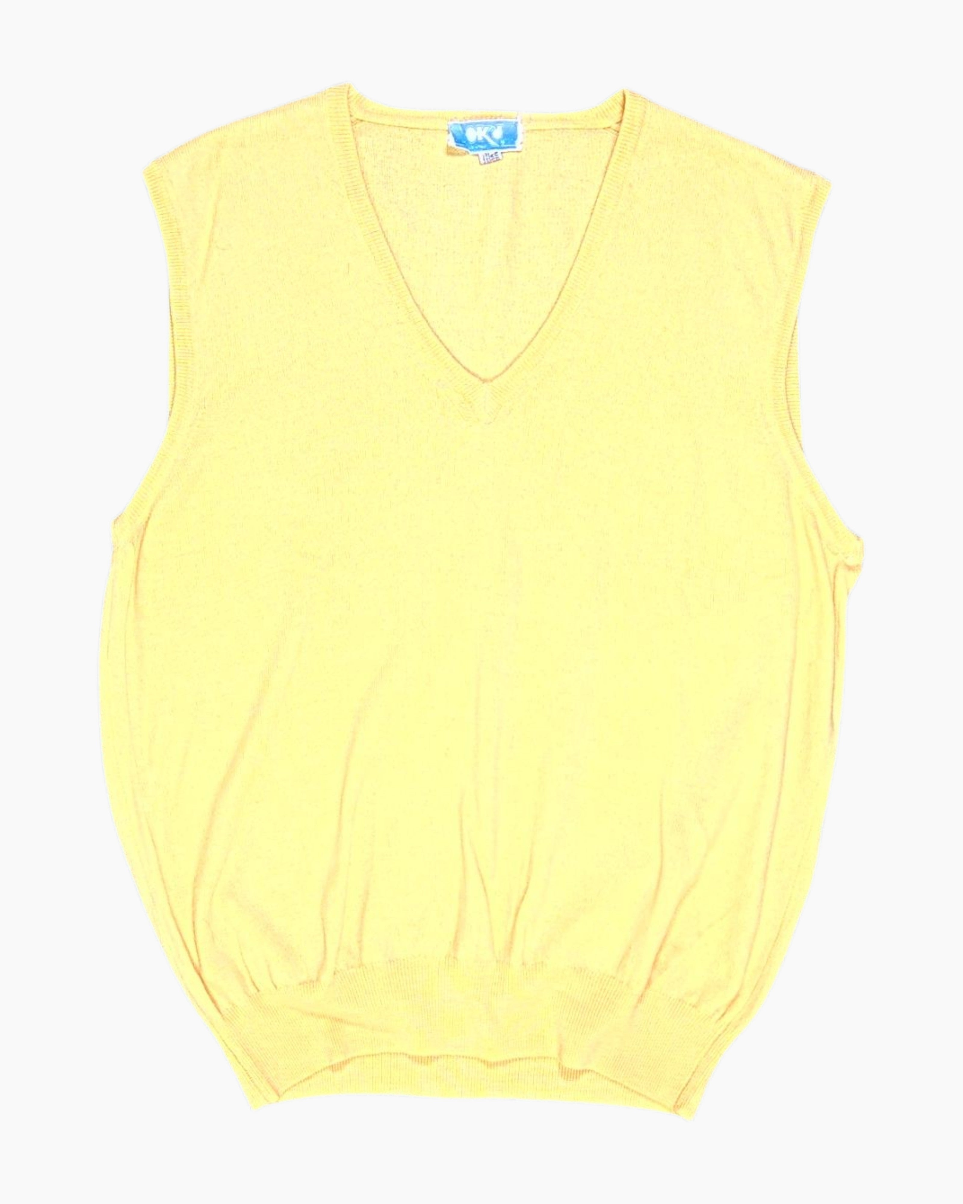Front Vintage 80s OKAÏDI Sweater Vest – Yellow V‑neck Ribbed Hem