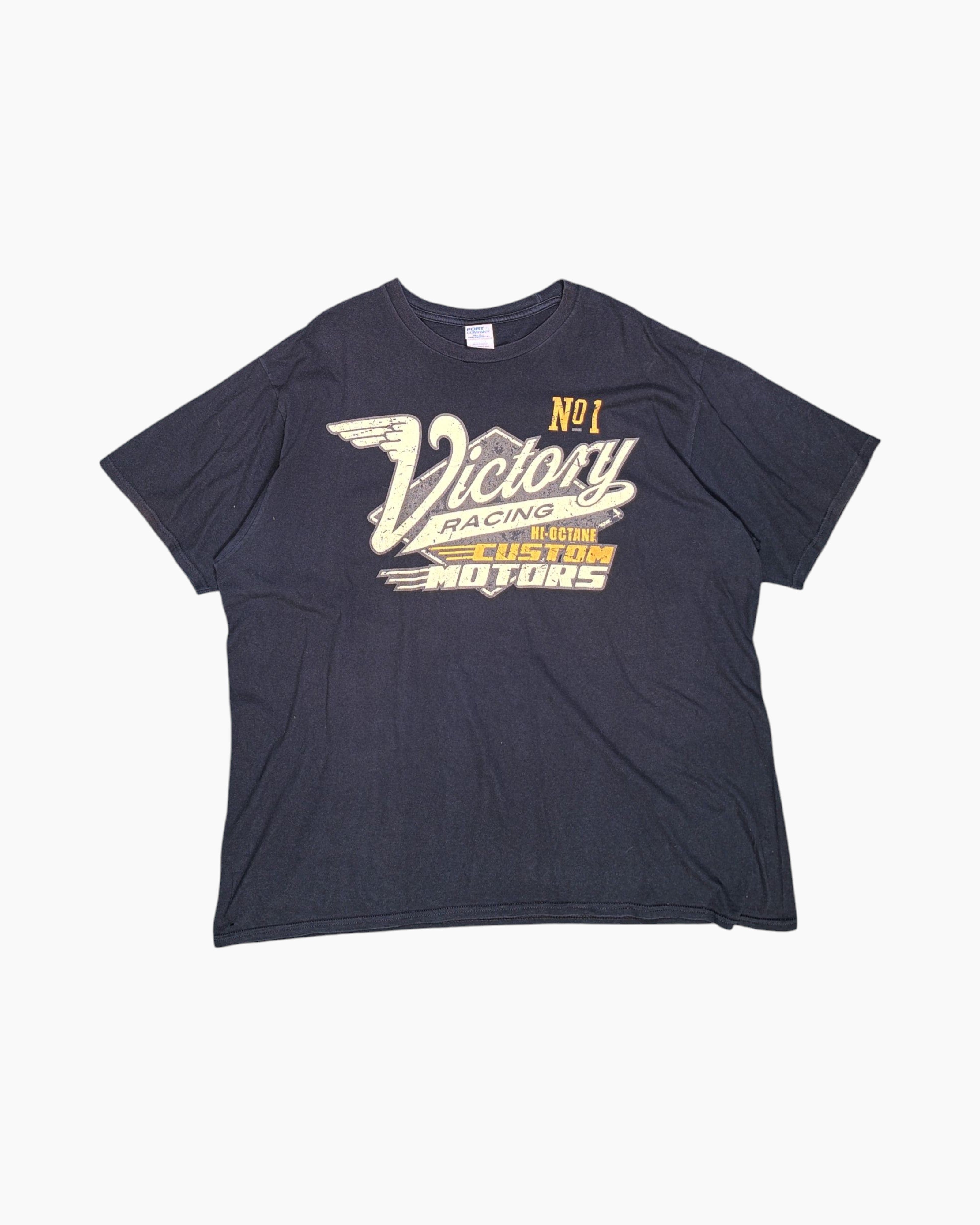 Front Pre-owned Port & Company Graphic T-Shirt – Black Faux-Distressed Racing Graphic