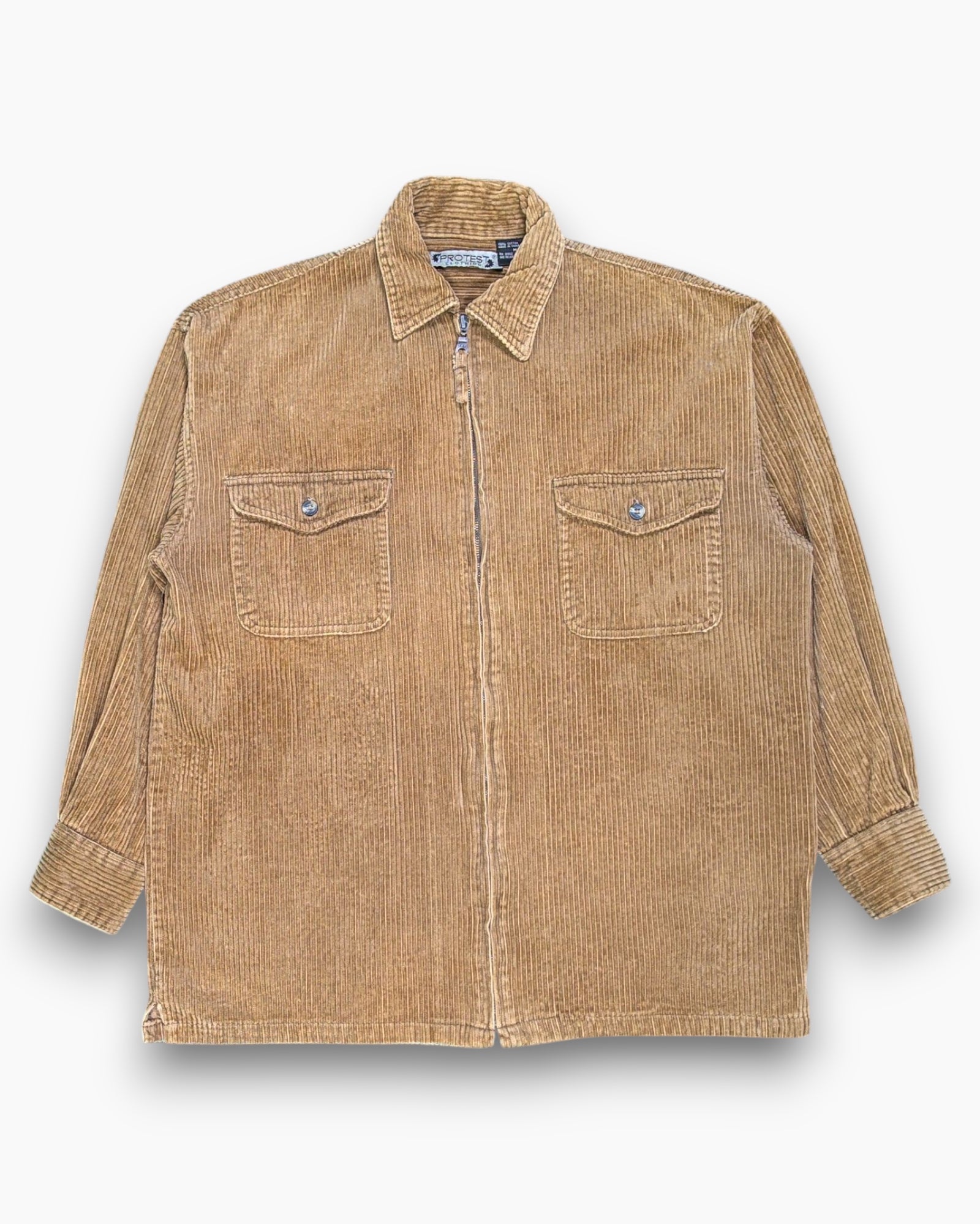Front Vintage 90s PROTEST CLOTHING Corduroy Shirt Jacket – Brown Wide-Wale