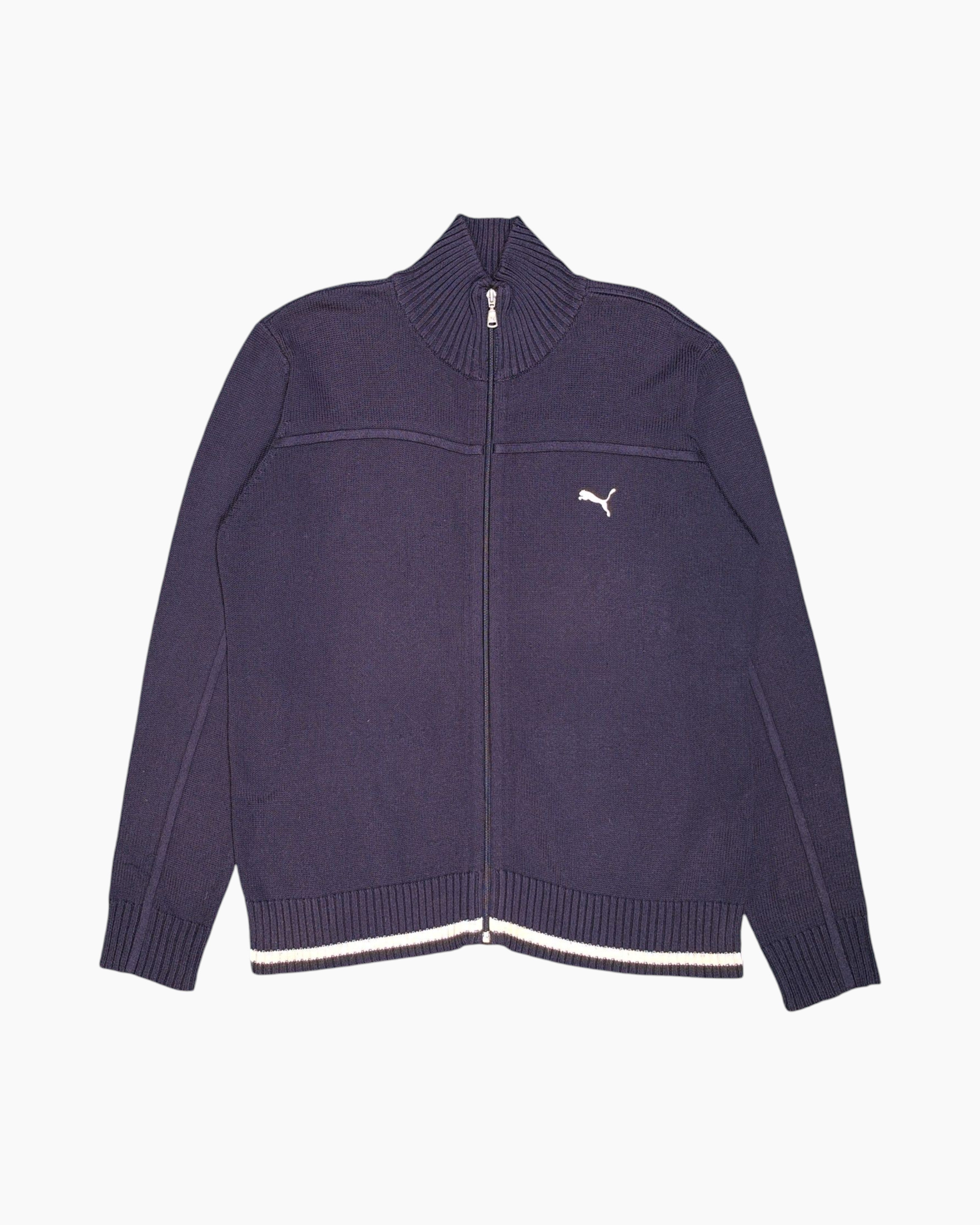 Front Pre-owned PUMA Zip-up Sweater – Navy Ribbed Funnel Collar