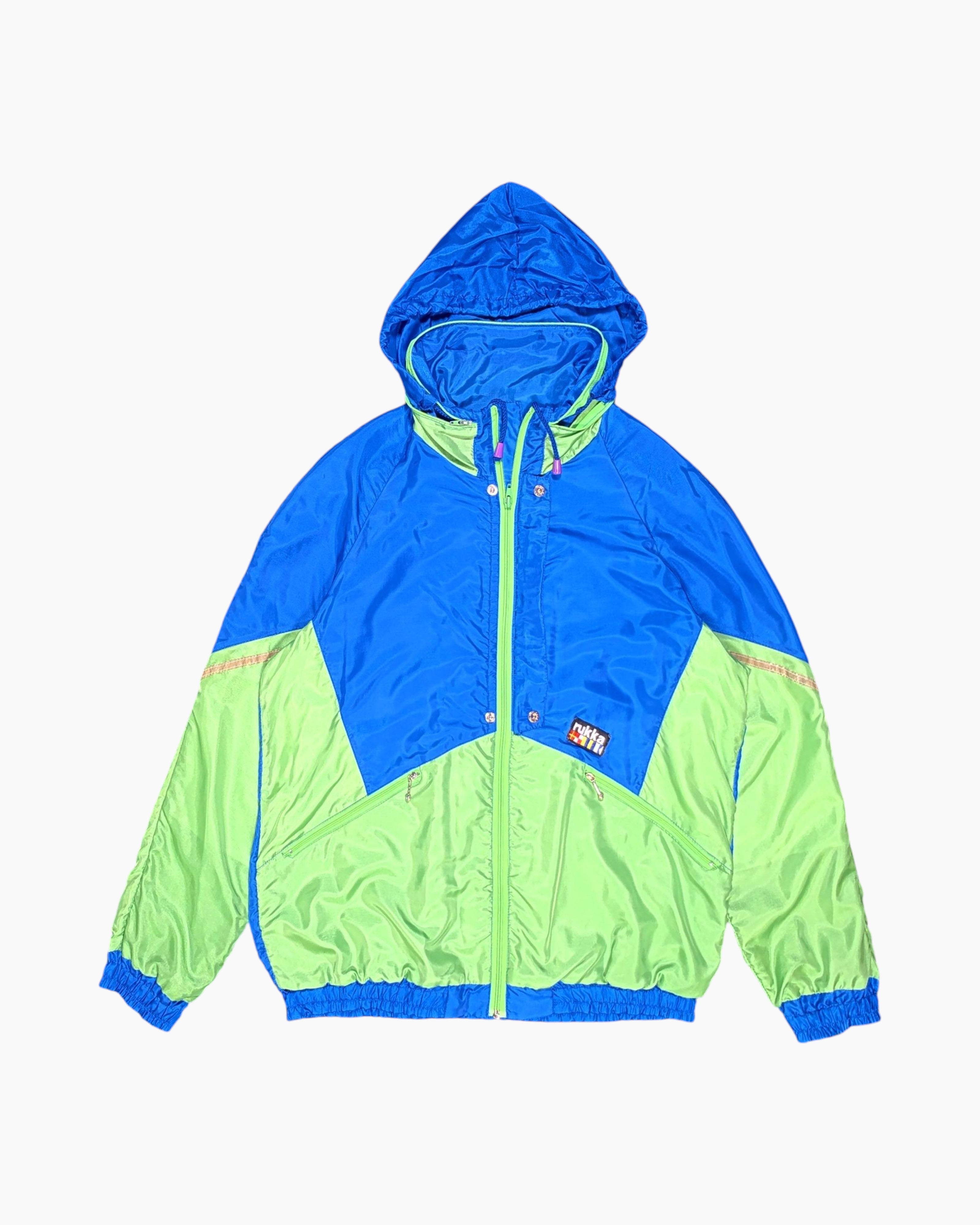 Front Vintage 80s/90s rukka Hooded Windbreaker Jacket – Blue Lime Color‑block