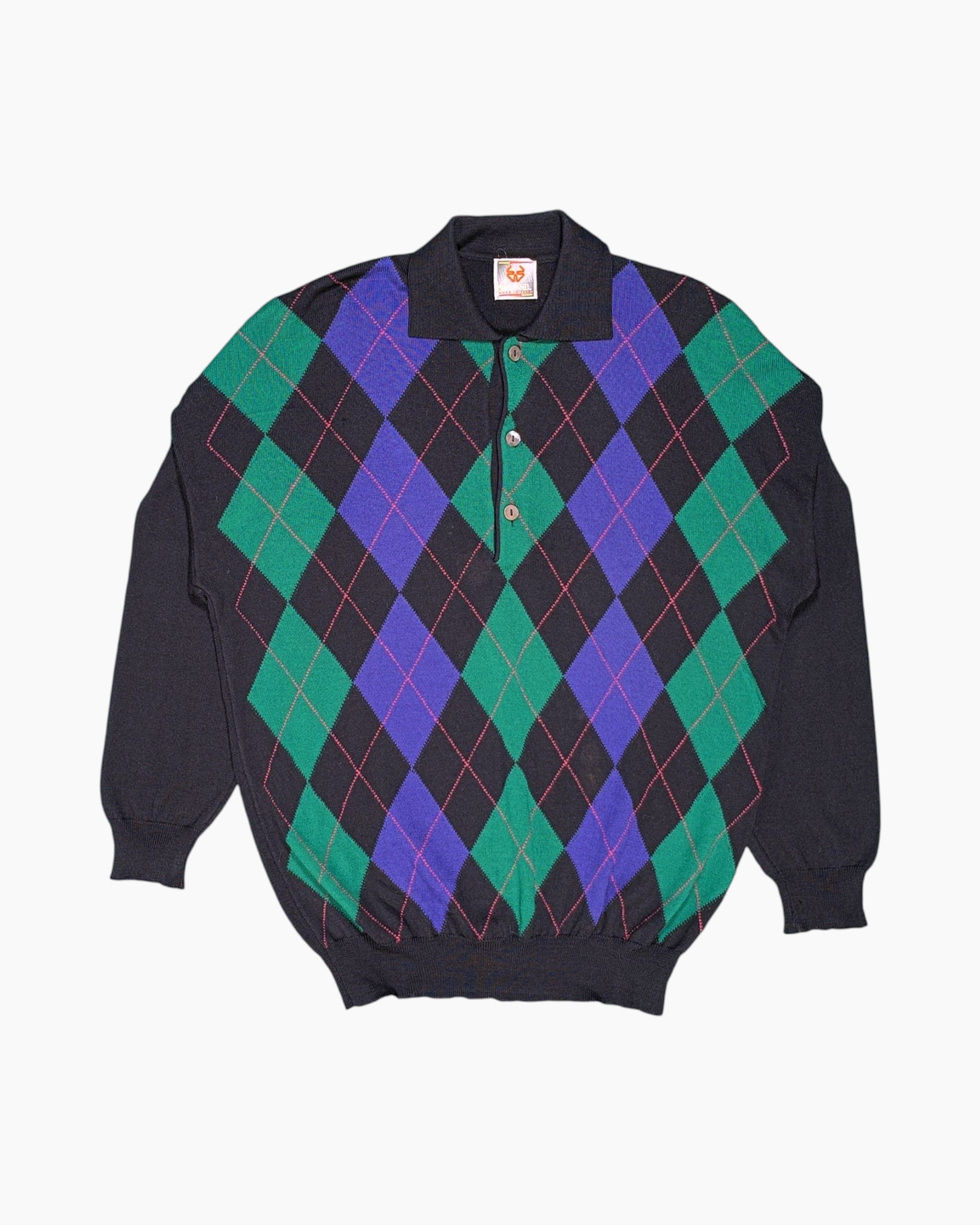 Front Vintage 80s/90s STEFANO Pullover Sweater – Black Argyle Front