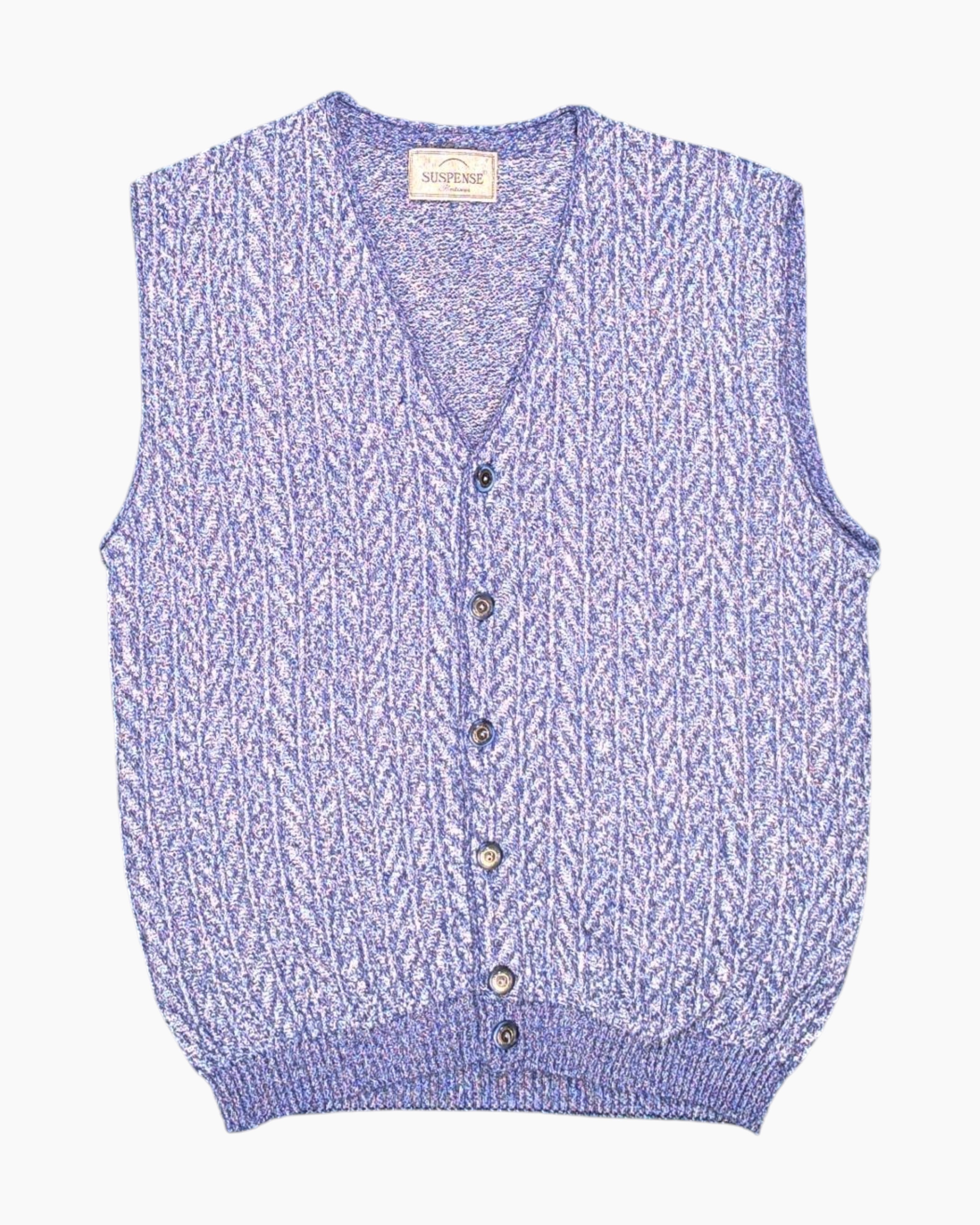 Front Vintage 80s/90s SUSPENSE Button-front Knit Vest – Marled Blue Chevron