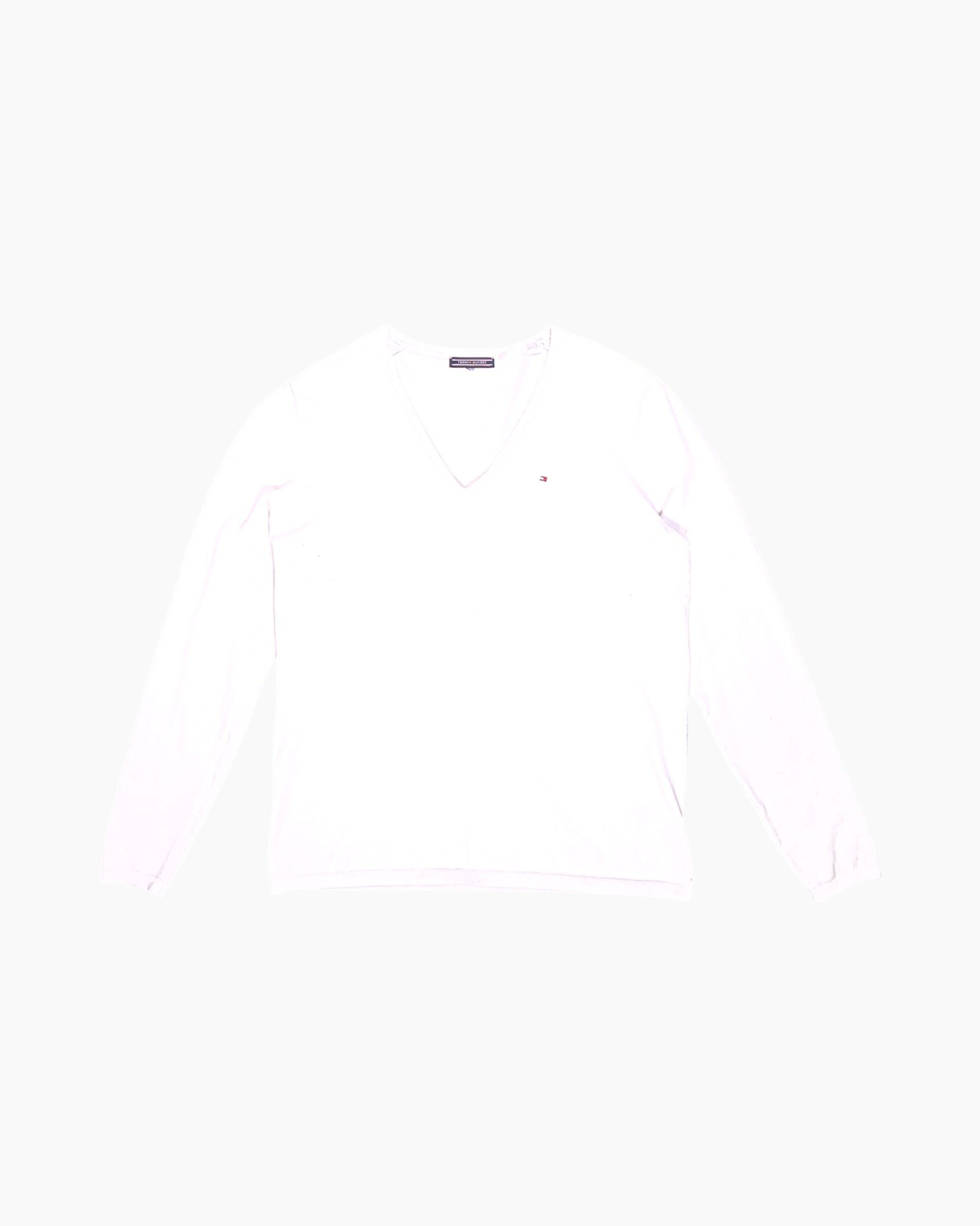 Front Pre-owned Tommy Hilfiger Pullover Sweater – White V‑neck with Chest Flag