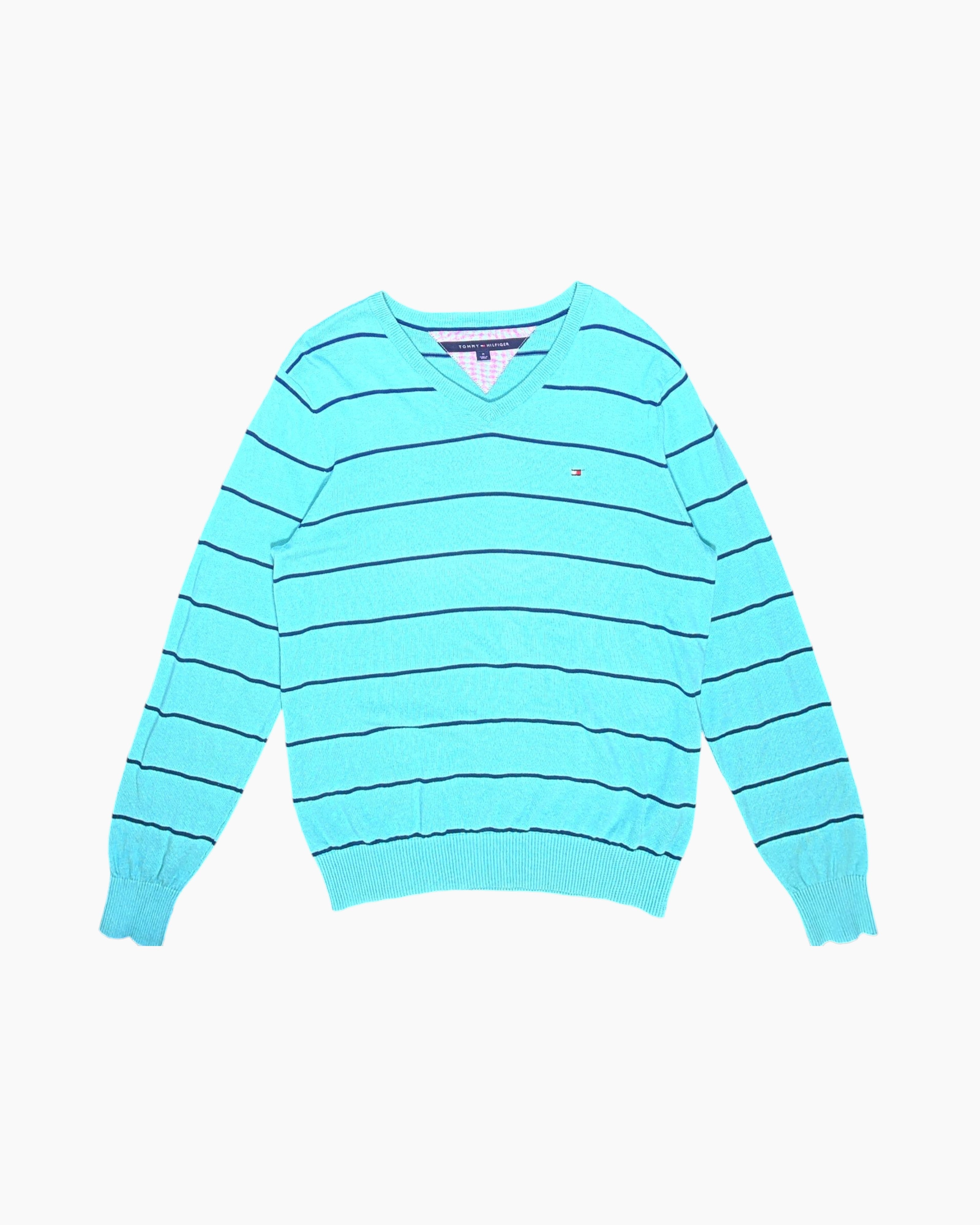 Front Pre-owned Tommy Hilfiger Pullover Sweater – Blue V‑Neck Embroidered Logo