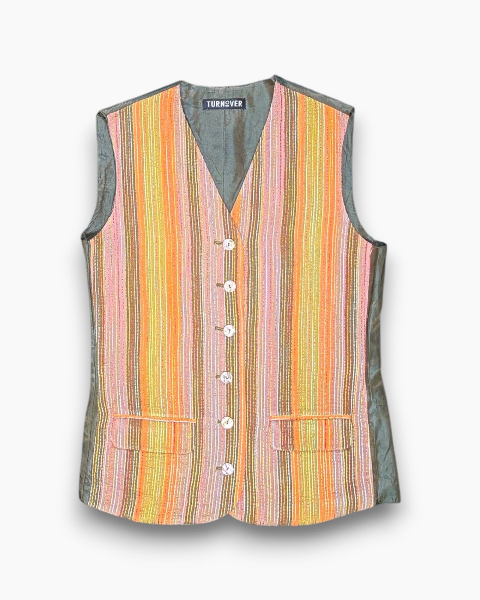 Front Vintage Y2K TURNOVER Button-front Vest – Multicolor Bouclé Stripes