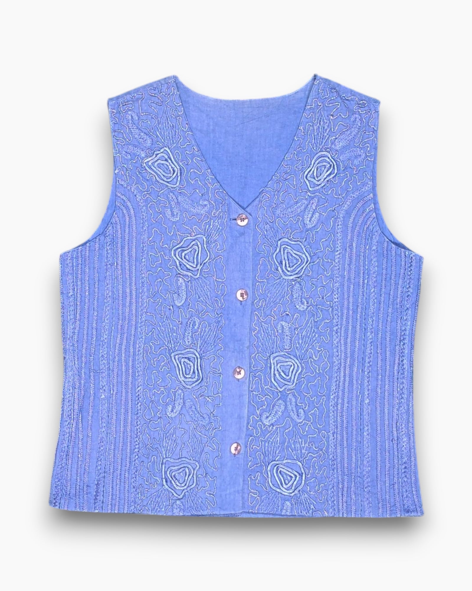 Front Vintage 90s/2000s Unknown Button-Down Sleeveless Top – Blue Floral Embroidery
