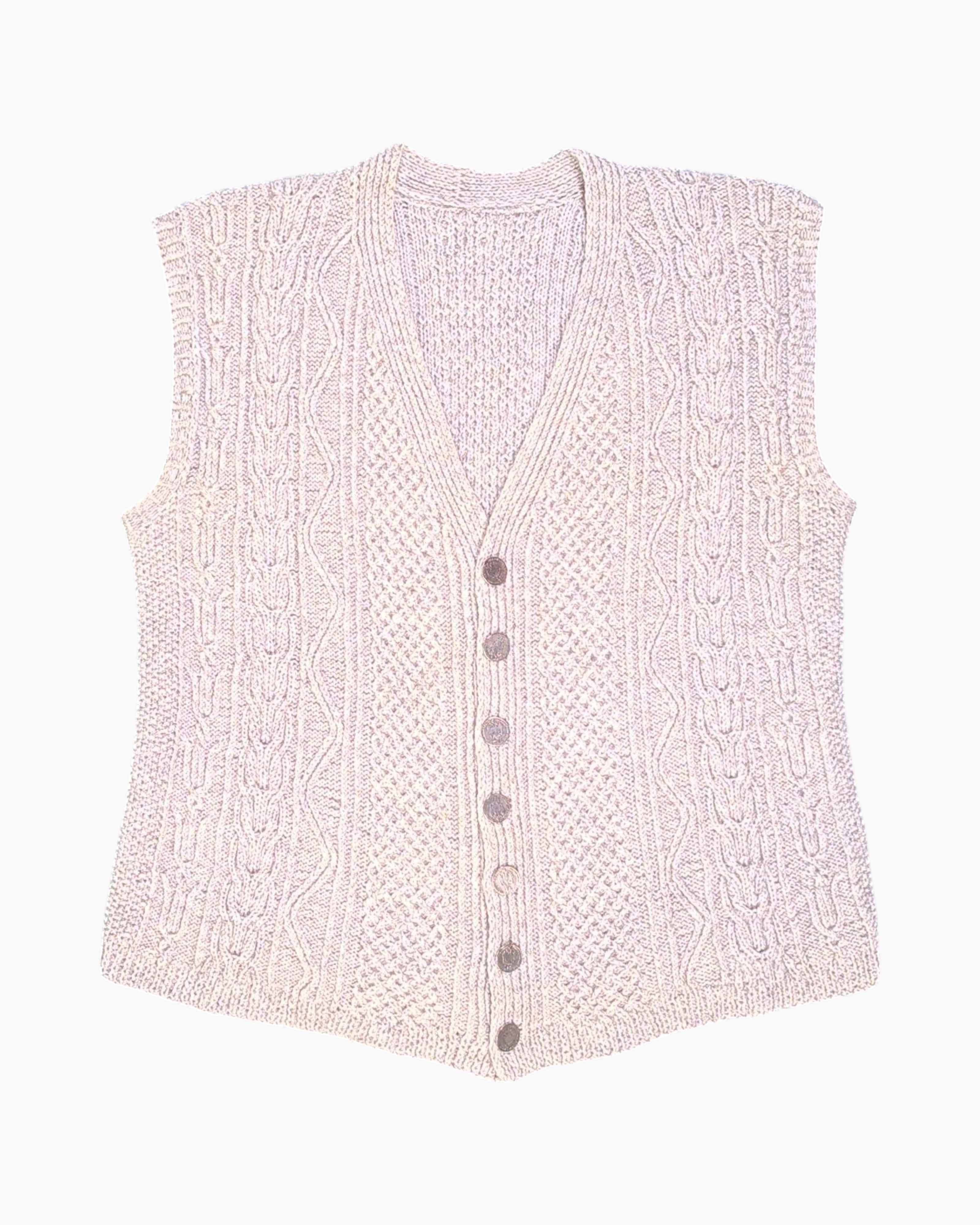 Front Vintage 80s/90s Button-Front Cable Knit Vest – Cream Aran (XL)