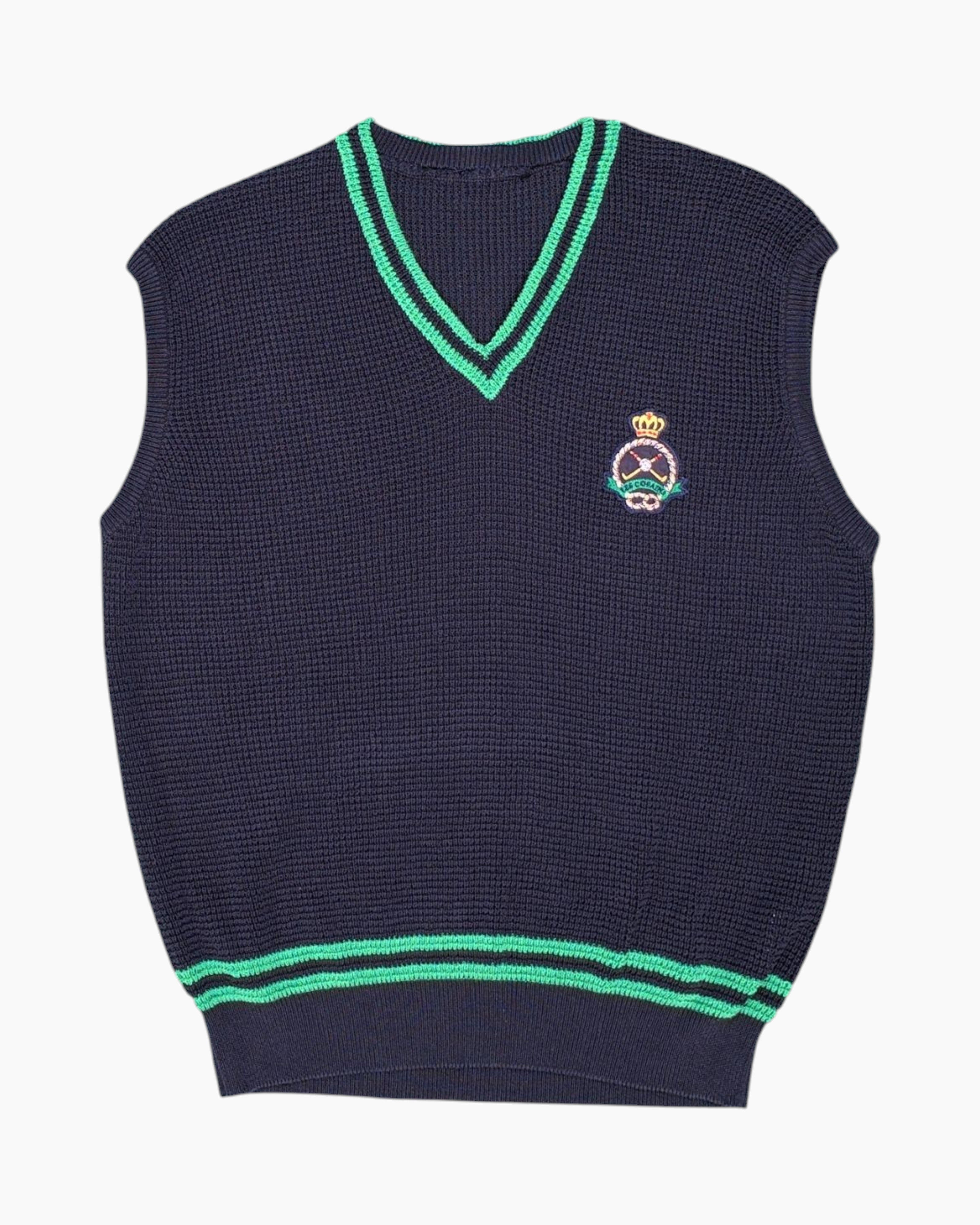 Front Vintage 80s/90s Unknown Knit Vest – Navy with Striped Trim