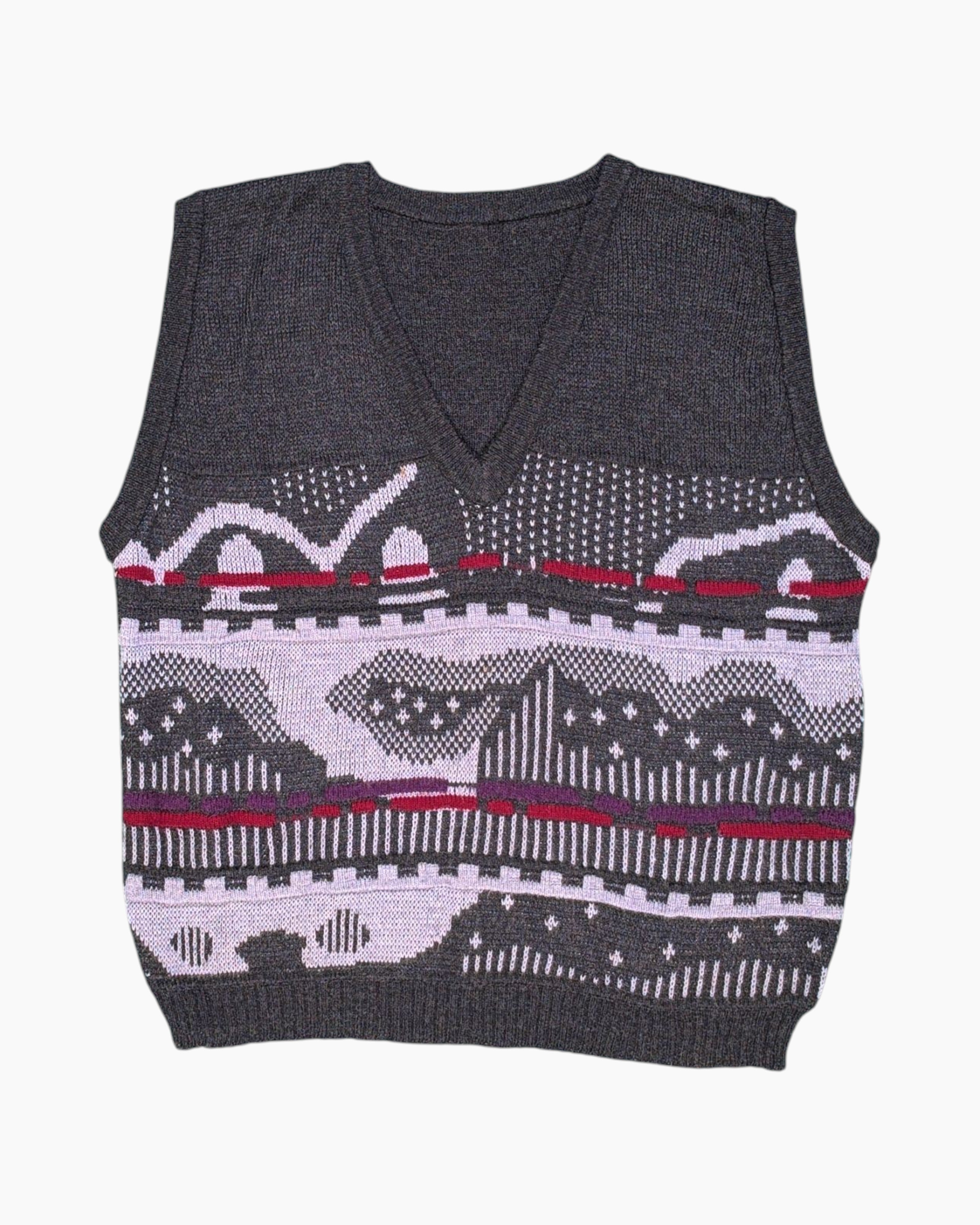 Front Vintage 80s/90s Unknown Sweater Vest – Gray Jacquard with Red Accent