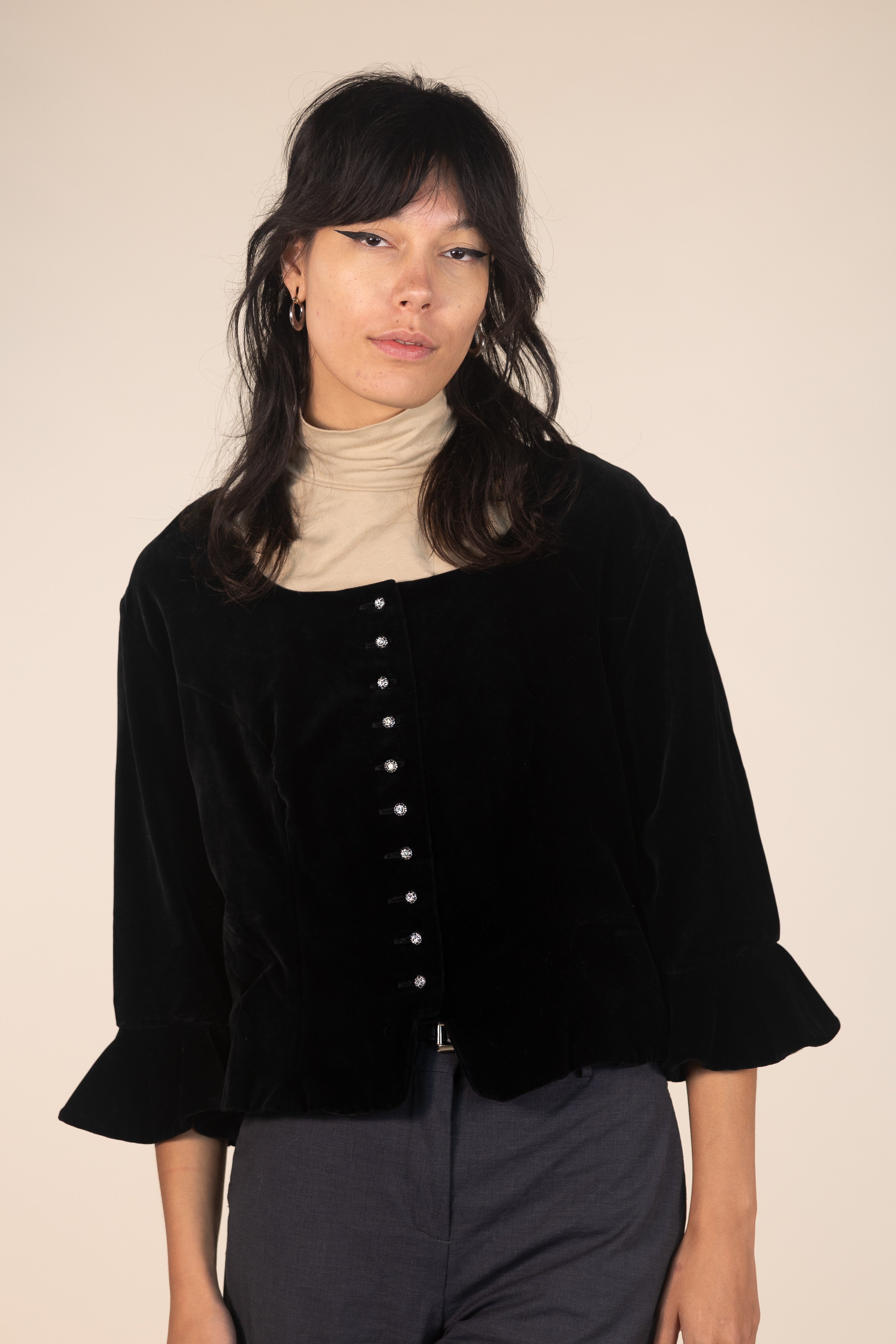 Black Cropped Velvet Button Up Blazer