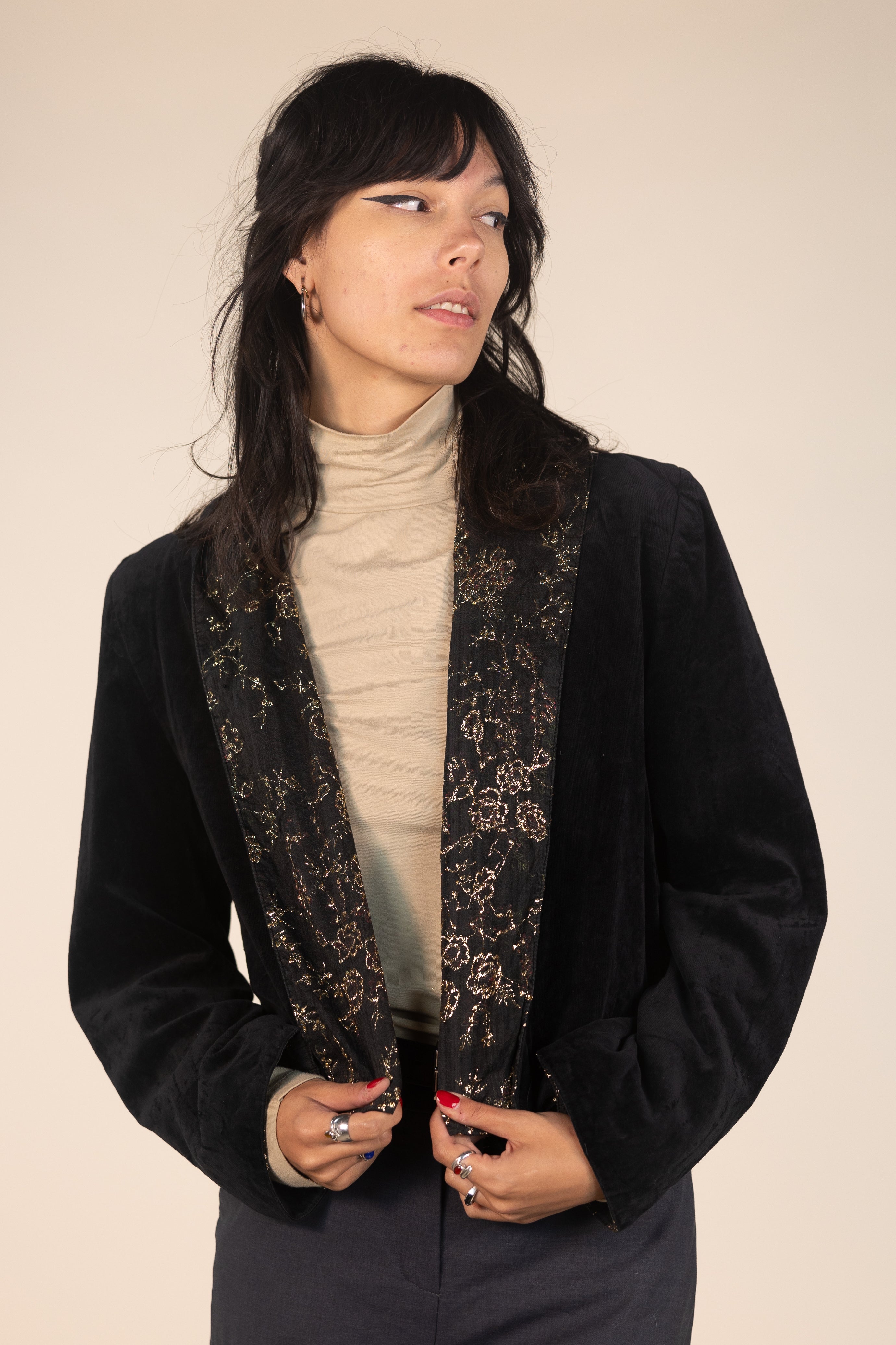 Cropped Black Velvet Blazer With Golden Details