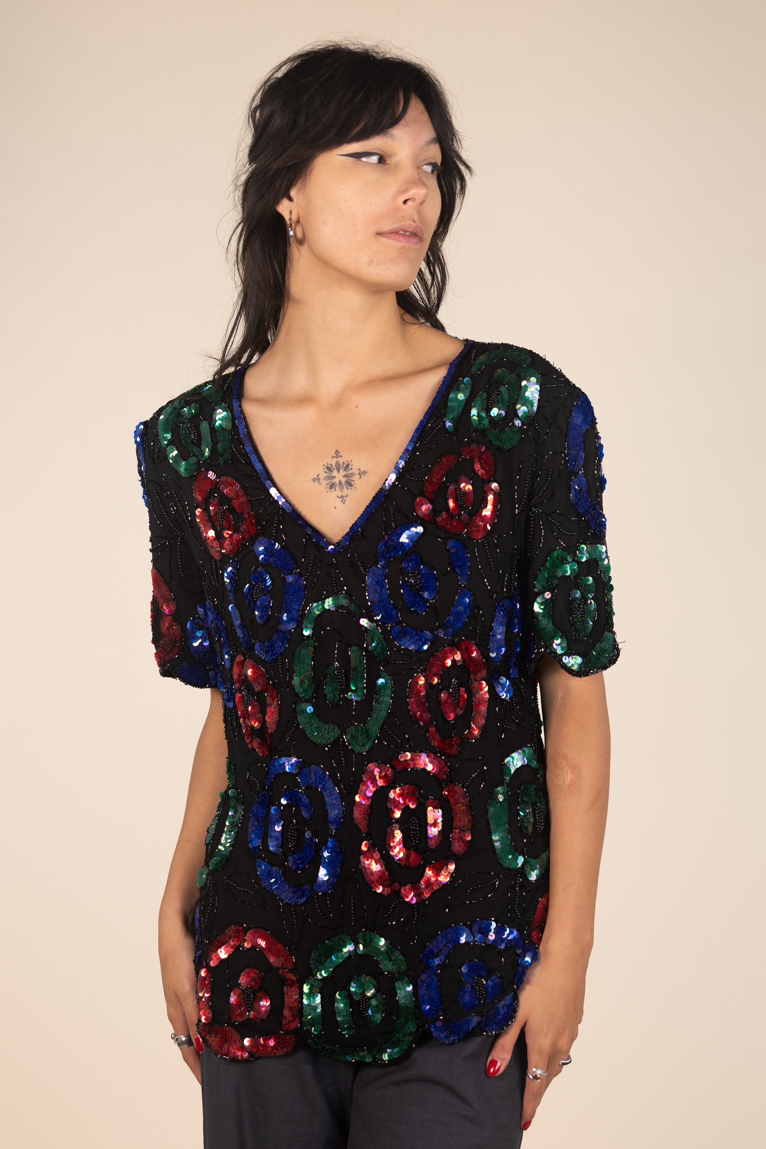 80s Beaded Sequin Silk Top