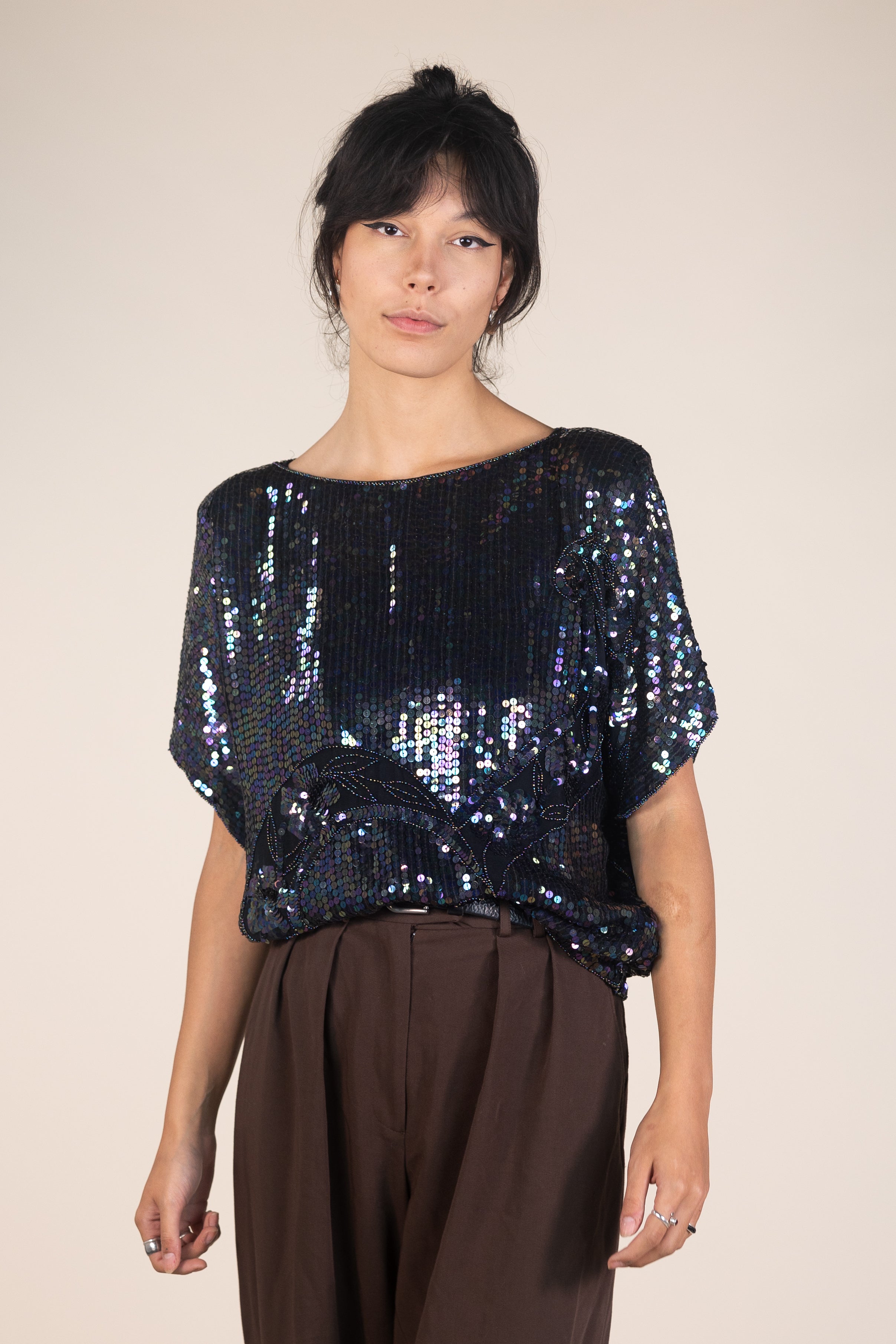 80s Silk Sequin Short Sleeve Top