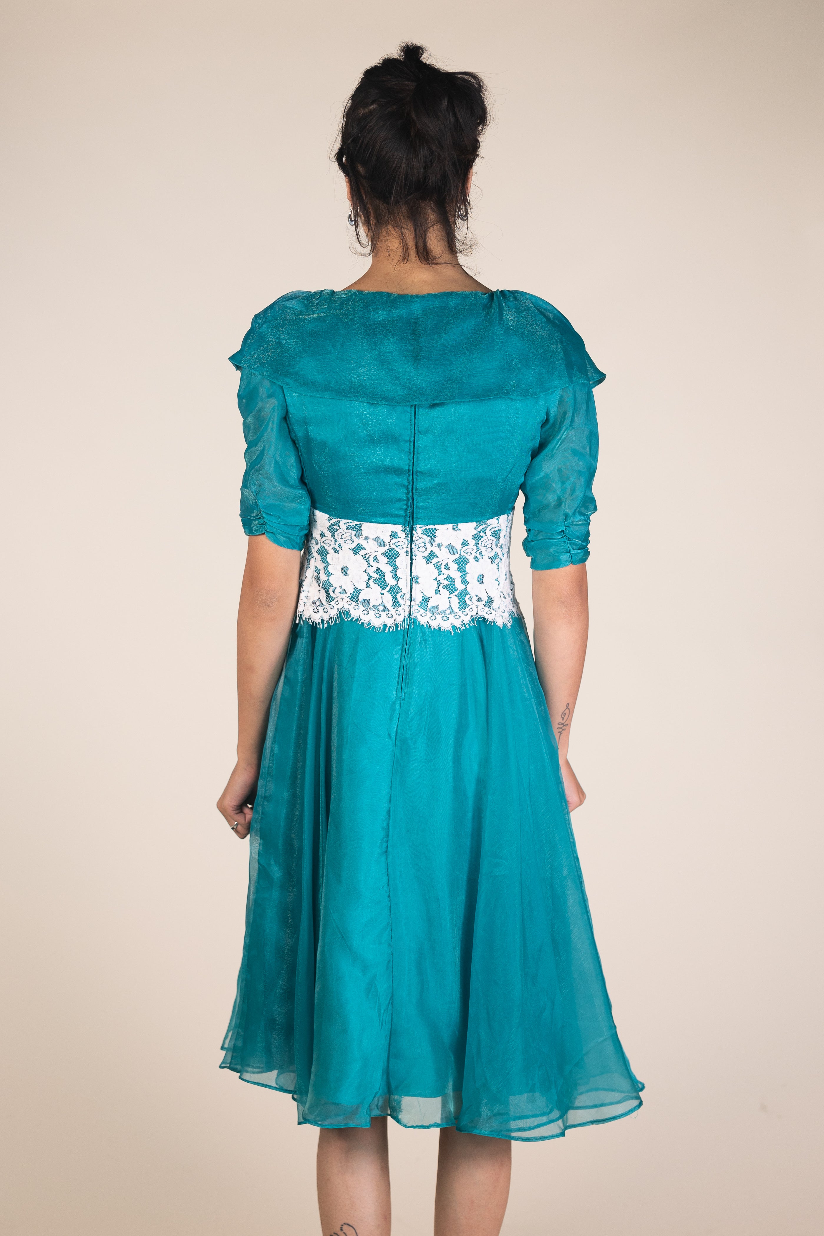 Vintage 80s Blue Chiffon and Lace Dress