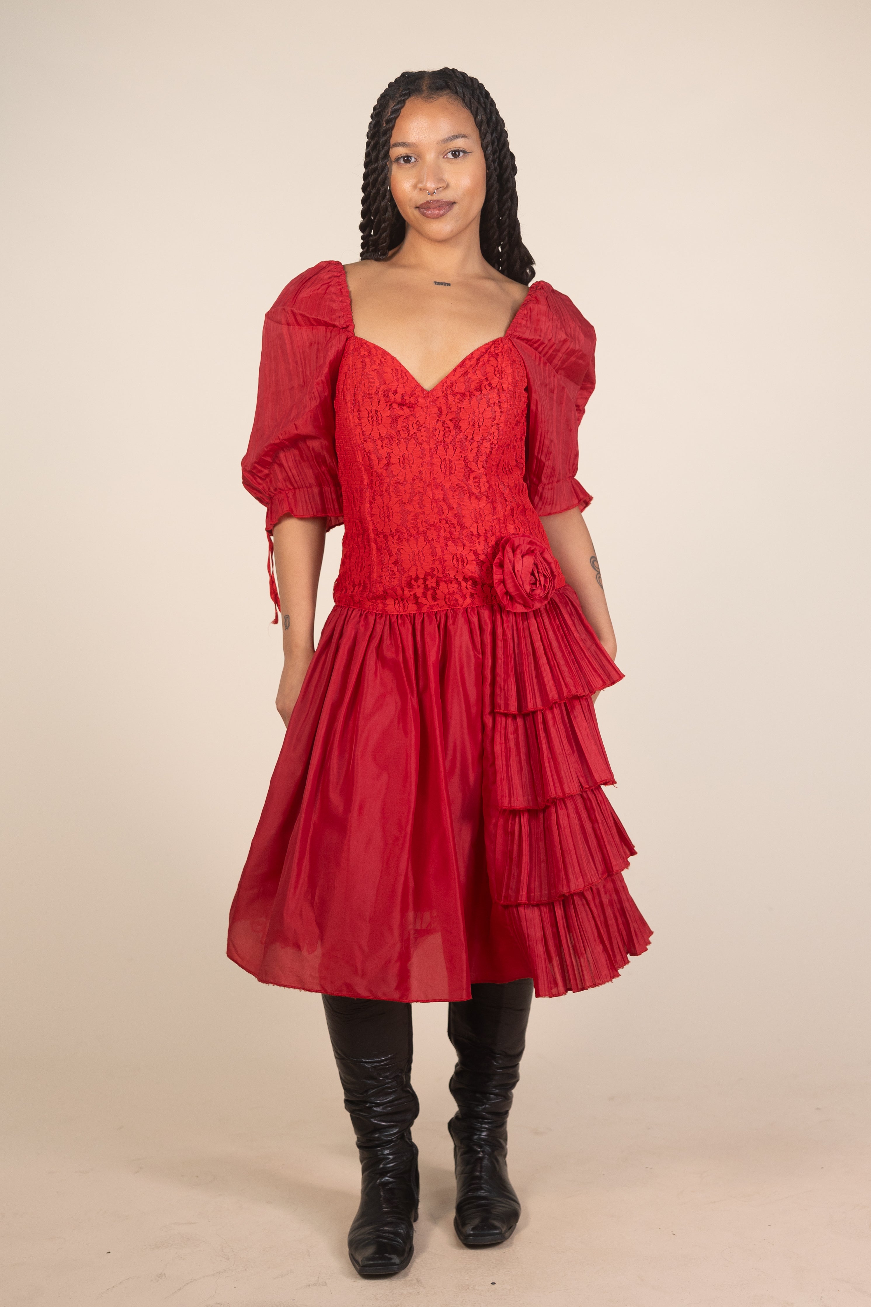 80s Puff Sleeve Red Lace Dress