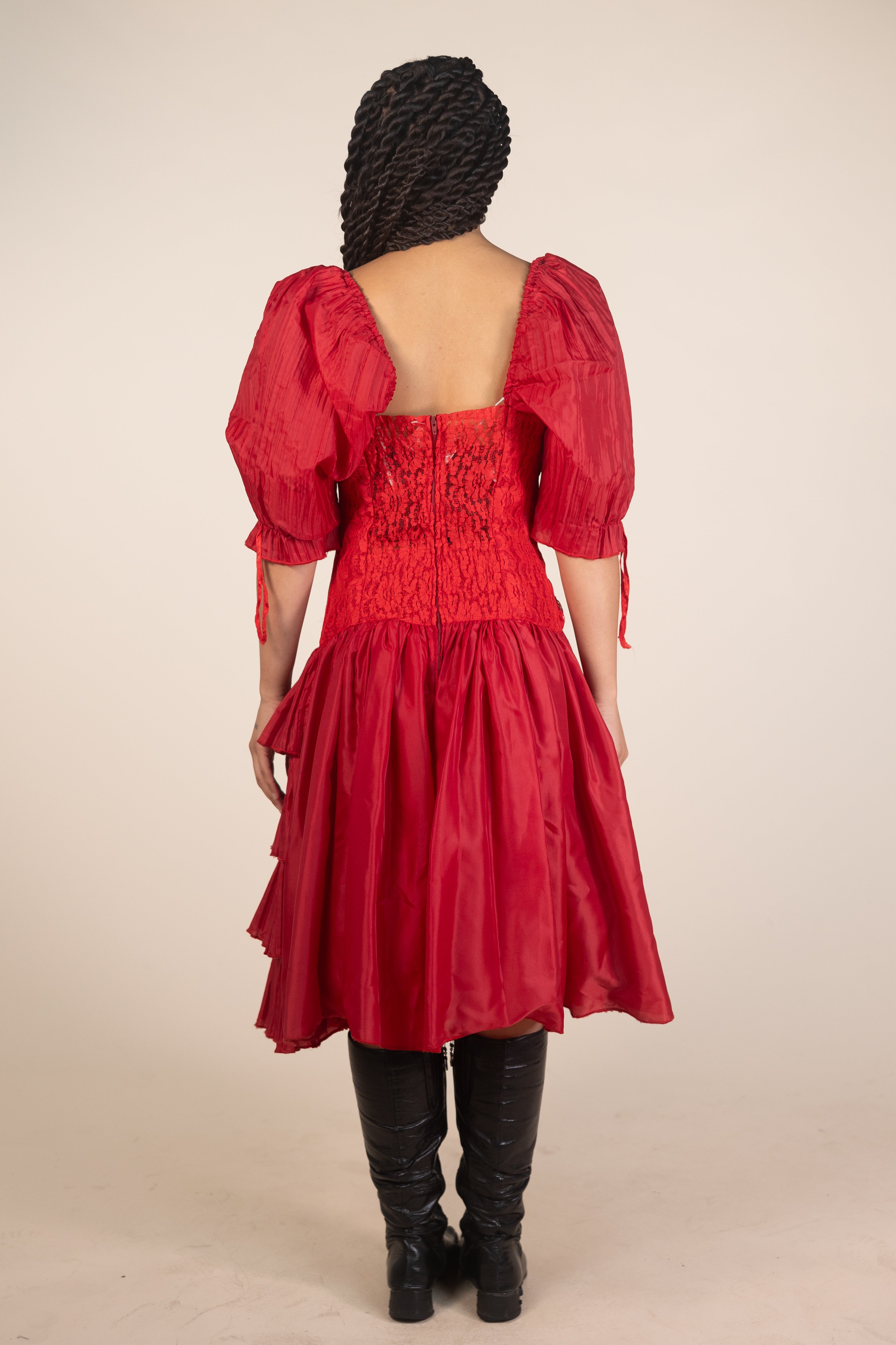 80s Puff Sleeve Red Lace Dress