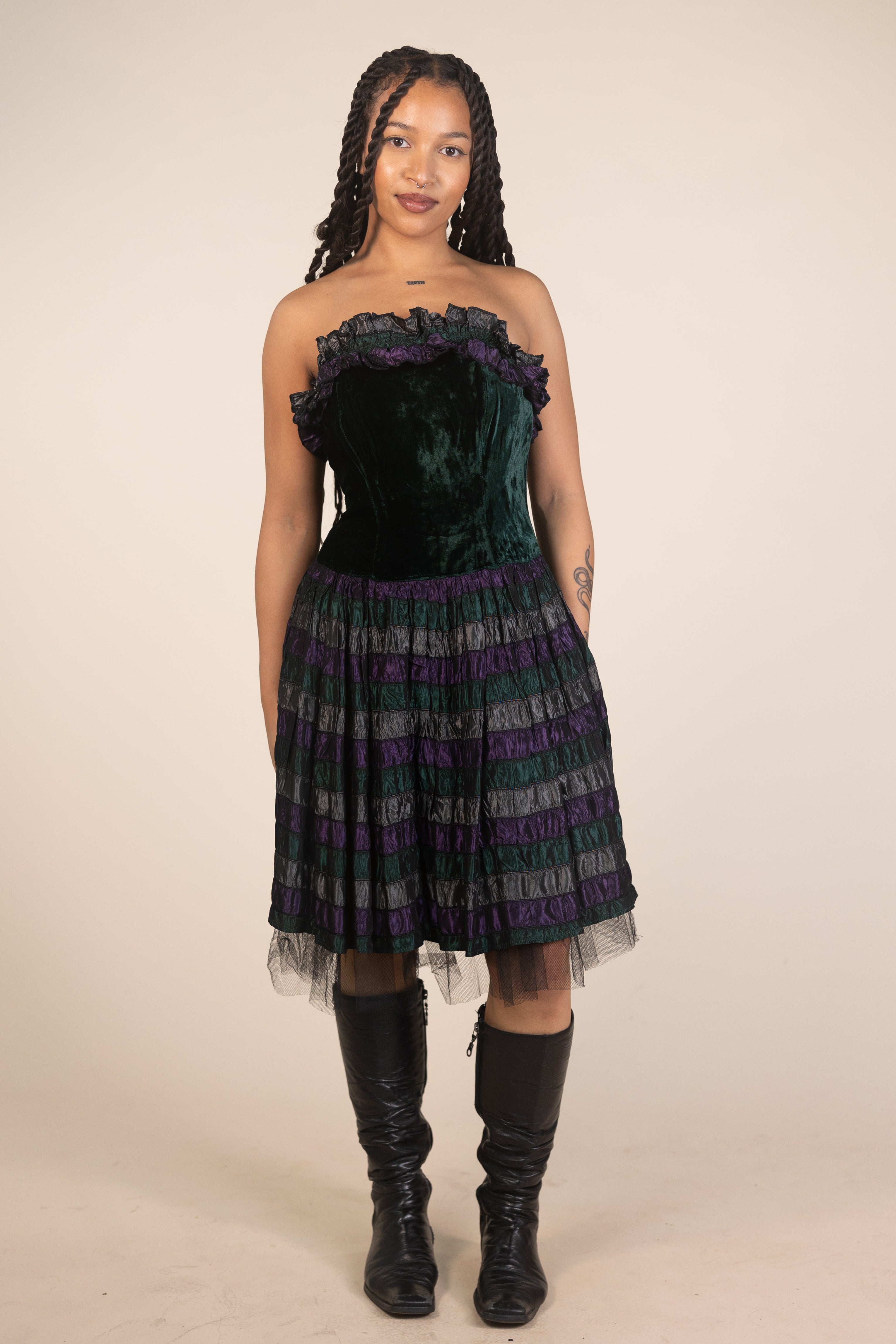 80s Green Velvet Ruffled Dress