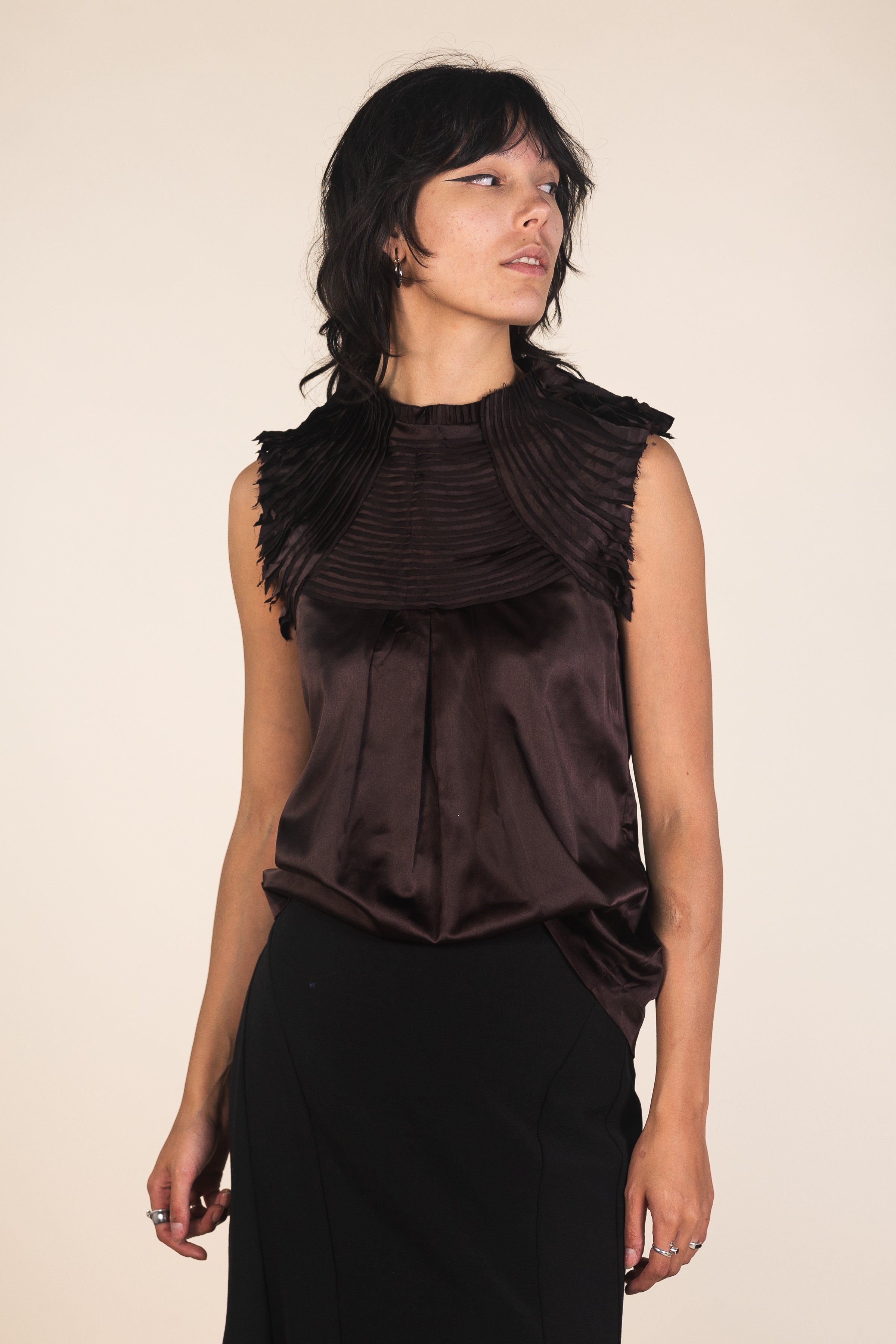 Brown Satin Ruffled Top