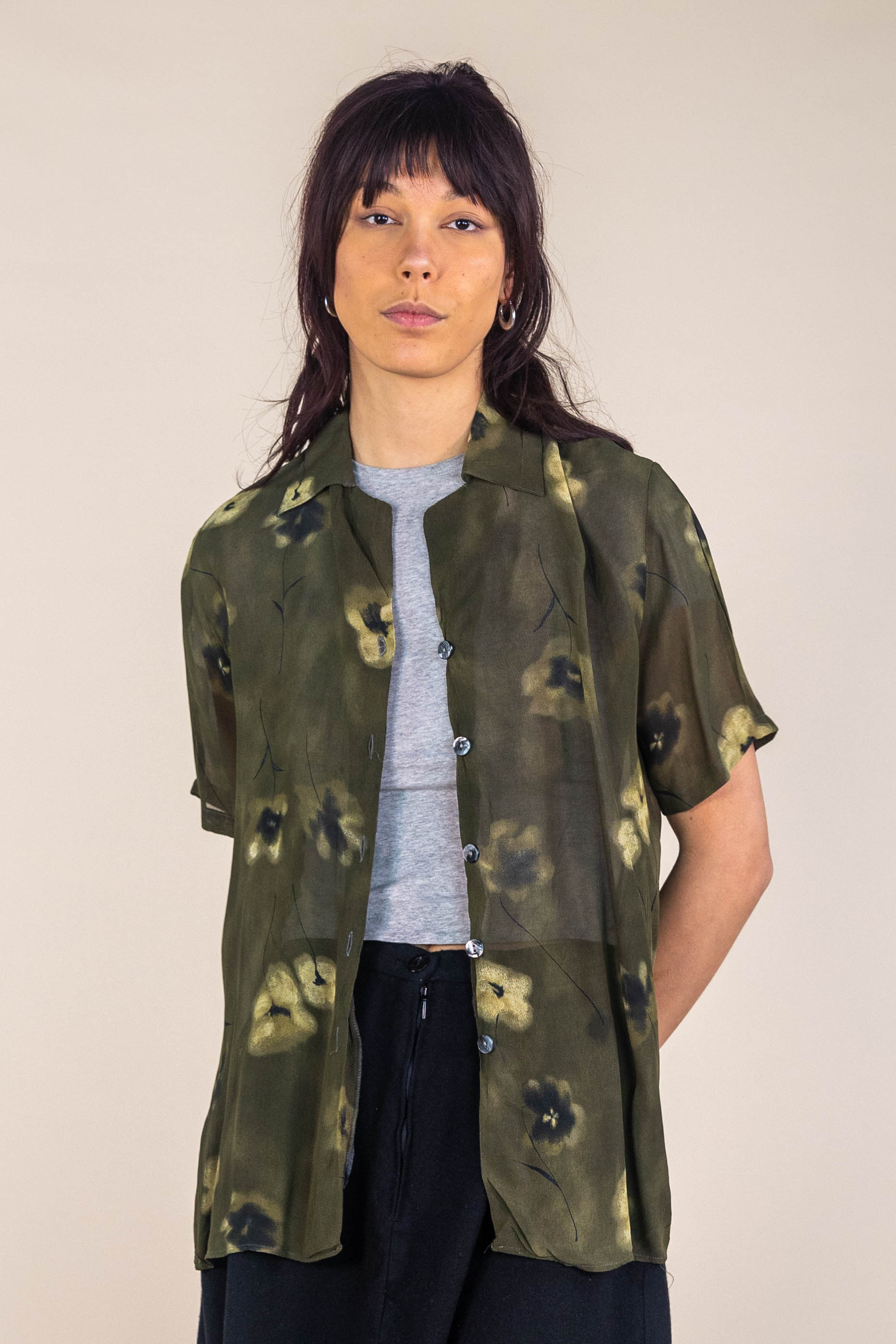 90s Army Green Floral Printed Mesh Blouse