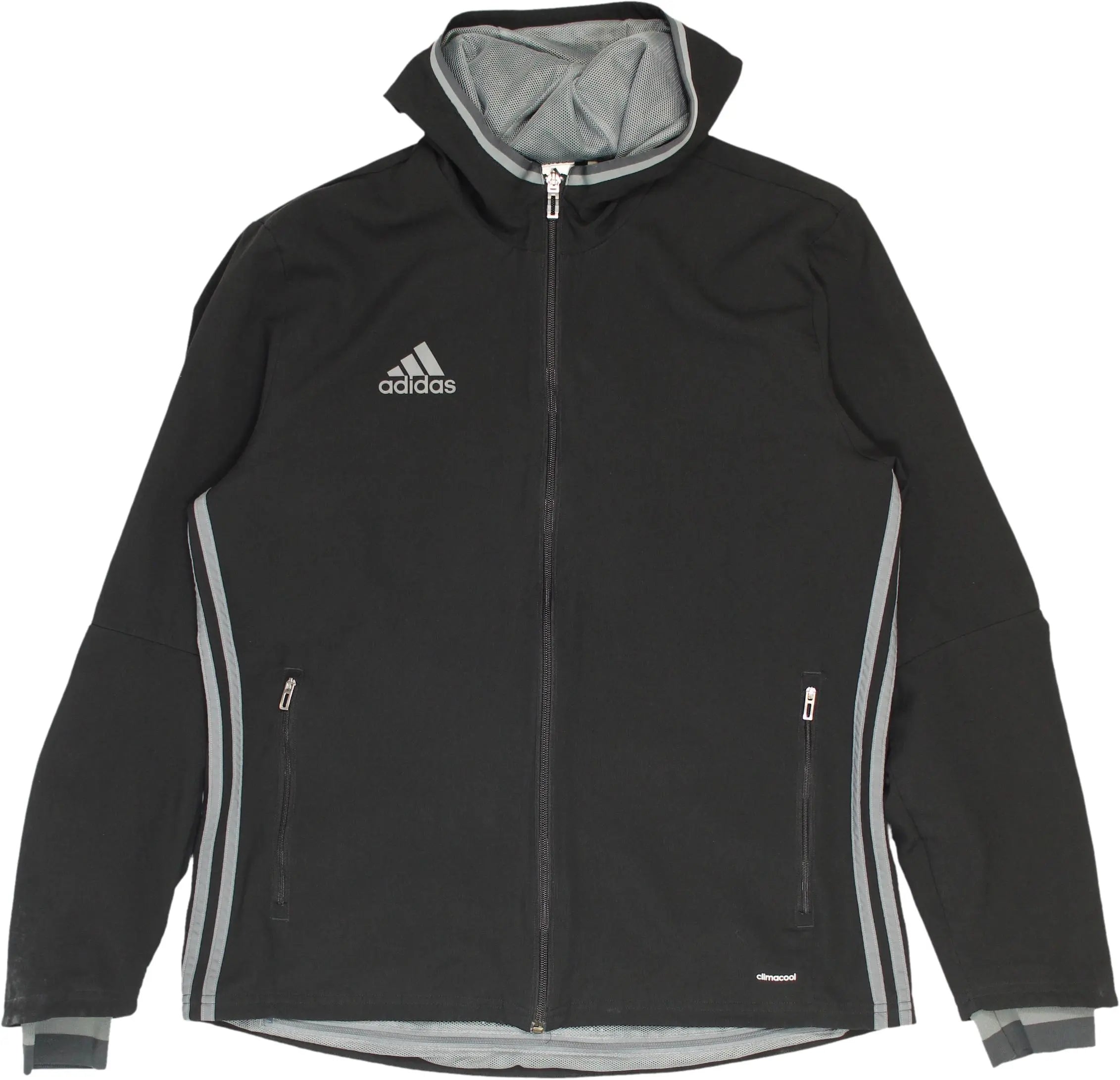 Adidas - Black Track Jacket with Hoodie by Adidas- ThriftTale.com - Vintage and second handclothing