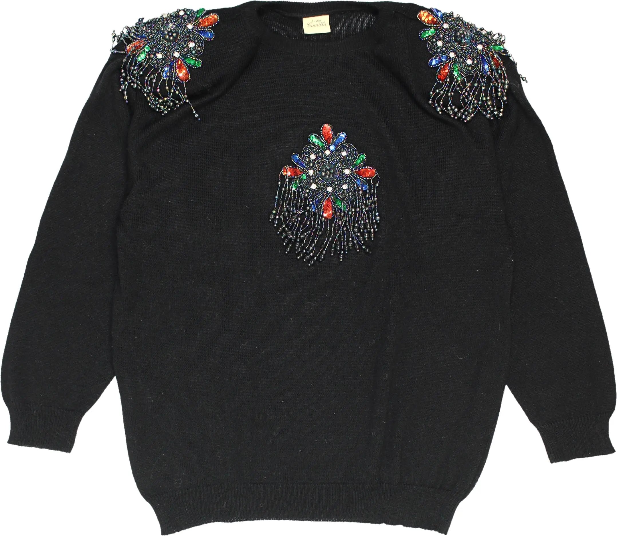 Camilla - 80s Beaded Jumper with Shoulder Pads- ThriftTale.com - Vintage and second handclothing